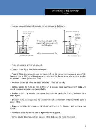 Procedimento Experimental
                                                         Preparo




- Montar a aparelhagem de acordo com o esquema da figura:




                               O metal atacado pelo ácido
                             reage completamente, gerando
                                     gás hidrogênio



                             início  fim




- Fixar no suporte universal a garra

- Colocar ¼ de água destilada no béquer

- Pesar 2 fitas de magnésio com cerca de 1,5 cm de comprimento cada e identificá-
las de modo a diferenciá-las durante o experimento. Pesar separadamente e anotar
os valores obtidos (massa da fita).

- Amarrar um fio de linha em cada amostra (cerca de 15 cm)

- Coletar cerca de 4 mL de HCl 6,0mol L-1 e colocar essa quantidade em cada um
dos 2 tubos de ensaio essa quantidade.

- Encher o tubo de ensaio com água destilada até perto da borda, lentamente e
sem agitar.

- Imergir a fita de magnésio no interior do tubo e tampar imediatamente com o
papel filtro.

- Inverter o tubo de ensaio e introduzir no interior do béquer, até encostar no
fundo.

- Prender o tubo de ensaio com o agarrador no suporte.

- Com a ajuda da pinça, retirar o papel filtro da borda do tubo de ensaio




                                                                                6
 