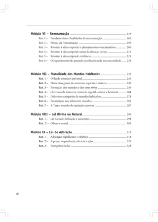 Módulo VI – Reencarnação ................................................................................. 179
             Rot. 1 – Fundamentos e finalidades da reencarnação .................................. 180
             Rot. 2 – Provas da reencarnação .................................................................... 190
             Rot. 3 – Retorno à vida corporal: o planejamento reencarnatório .............. 200
             Rot. 4 – Retorno à vida corporal: união da alma ao corpo ........................... 212
             Rot. 5 – Retorno à vida corporal: a infância .................................................. 221
             Rot. 6 – O esquecimento do passado: justificativas da sua necessidade ....... 228



     Módulo VII – Pluralidade dos Mundos Habitados ..................................... 235
             Rot. 1 – O fluido cósmico universal ............................................................... 236
             Rot. 2 – Elementos gerais do universo: espírito e matéria ............................ 245
             Rot. 3 – Formação dos mundos e dos seres vivos ......................................... 256
             Rot. 4 – Os reinos da natureza: mineral, vegetal, animal e hominal ........... 264
             Rot. 5 – Diferentes categorias de mundos habitados .................................... 274
             Rot. 6 – Encarnação nos diferentes mundos ................................................. 281
             Rot. 7 – A Terra: mundo de expiação e provas ............................................. 287


     Módulo VIII – Lei Divina ou Natural .............................................................. 293
             Rot. 1 – Lei natural: definição e caracteres .................................................... 294
             Rot. 2 – O bem e o mal ................................................................................... 305


     Módulo IX – Lei de Adoração ............................................................................. 313
             Rot. 1 – Adoração: significado e objetivo ...................................................... 314
             Rot. 2 – A prece: importância, eficácia e ação ............................................... 320
             Rot. 3 – Evangelho no lar ............................................................................... 328




10
 