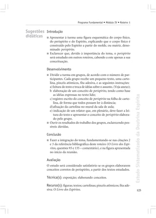 Programa Fundamental • Módulo IV • Roteiro 1


Sugestões Introdução
didáticas ■ Apresentar à turma uma figura esquemática do corpo físico,
                  do perispírito e do Espírito, explicando que o corpo físico é
                  construído pelo Espírito a partir do molde, ou matriz, deno-
                  minado perispírito.
              ■   Esclarecer que, devido à importância do tema, o perispírito
                  será estudado em outros roteiros, cabendo a este apenas a sua
                  conceituação.

              Desenvolvimento
              ■   Dividir a turma em grupos, de acordo com o número de par-
                  ticipantes. Cada grupo recebe um pequeno texto, uma carto-
                  lina, pincéis atômicos, fita adesiva, e as seguintes instruções:
                  a) leitura do texto e troca de idéias sobre o assunto. (Veja anexo);
                  b elaboração de um conceito de perispírito, tendo como base
                     as idéias expressas no texto lido;




                                                                                         Estudo Sistematizado da Doutrina Espírita
                  c) registro escrito do conceito de perispírito na folha de carto-
                     lina, de forma que todos possam ler à distância;
                  d)afixação da cartolina no mural da sala de aula;
                  e) indicação de um relator que, em plenário, deve fazer a lei-
                     tura do texto e apresentar o conceito de perispírito elabora-
                     do pelo grupo.
              ■   Ouvir os resultados do trabalho dos grupos, esclarecendo pos-
                  síveis dúvidas.

              Conclusão
              ■   Fazer a integração do tema, fundamentando-se nas citações 2
                  e 3 da referência bibliográfica deste roteiro (O Livro dos Espí-
                  ritos, questões 93 e 135 – comentário), e na figura apresentada
                  no início da reunião.

              Avaliação
              O estudo será considerado satisfatório se os grupos elaborarem
              conceitos corretos de perispírito, a partir dos textos estudados.

              Técnica(s): exposição; elaborando conceitos.

              Recurso(s): figuras; textos; cartolinas; pincéis atômicos; fita ade-
              siva; O Livro dos Espíritos.                                                      125
 