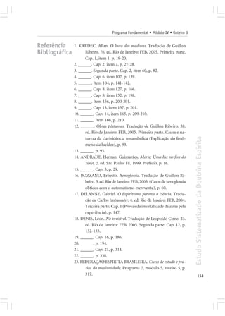 Programa Fundamental • Módulo IV • Roteiro 3


Referência      1. KARDEC, Allan. O livro dos médiuns. Tradução de Guillon
Bibliográfica         Ribeiro. 76. ed. Rio de Janeiro: FEB, 2005. Primeira parte.
                      Cap. 1, item 1, p. 19-20.
                2. ______. Cap. 2, item 7, p. 27-28.
                3. ______. Segunda parte. Cap. 2, item 60, p. 82.
                4. ______. Cap. 6, item 102, p. 139.
                5. ______. Item 104, p. 141-142.
                6. ______. Cap. 8, item 127, p. 166.
                7. ______. Cap. 8, item 152, p. 198.
                8. ______. Item 156, p. 200-201.
                9. ______. Cap. 13, item 157, p. 201.
                10. ______. Cap. 14, item 165, p. 209-210.
                11. ______. Item 166, p. 210.
                12. ______. Obras póstumas. Tradução de Guillon Ribeiro. 38.
                      ed. Rio de Janeiro: FEB, 2005. Primeira parte. Causa e na-




                                                                                       Estudo Sistematizado da Doutrina Espírita
                      tureza da clarividência sonambúlica (Explicação do fenô-
                      meno da lucidez), p. 93.
                13. ______. p. 95.
                14. ANDRADE, Hernani Guimarães. Morte: Uma luz no fim do
                      túnel. 2. ed. São Paulo: FE, 1999. Prefácio, p. 16.
                15. ______. Cap. 3, p. 29.
                16. BOZZANO, Ernesto. Xenoglossia. Tradução de Guillon Ri-
                      beiro. 5. ed. Rio de Janeiro: FEB, 2005. (Casos de xenoglossia
                      obtidos com o automatismo escrevente), p. 60.
                17. DELANNE, Gabriel. O Espiritismo perante a ciência. Tradu-
                      ção de Carlos Imbassahy. 4. ed. Rio de Janeiro: FEB, 2004.
                      Terceira parte. Cap. 1 (Provas da imortalidade da alma pela
                      experiência), p. 147.
                18. DENIS, Léon. No invisível. Tradução de Leopoldo Cirne. 23.
                      ed. Rio de Janeiro: FEB, 2005. Segunda parte. Cap. 12, p.
                      132-133.
                19. ______. Cap. 16, p. 186.
                20. ______. p. 194.
                21. ______. Cap. 21, p. 314.
                22. ______. p. 338.
                23. FEDERAÇÃO ESPÍRITA BRASILEIRA. Curso de estudo e prá-
                      tica da mediunidade. Programa 2, módulo 5, roteiro 5, p.
                      317.                                                                    153
 