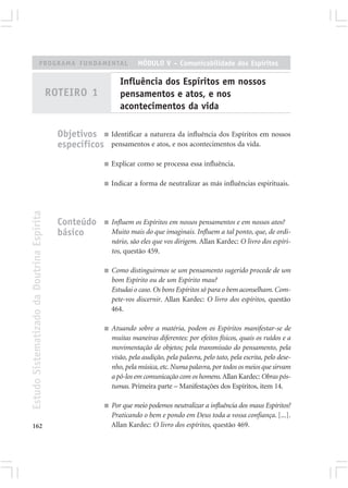 PROGRAMA FUNDAMENTAL                           MÓDULO V – Comunicabilidade dos Espíritos

                                                                   Influência dos Espíritos em nossos
                                            ROTEIRO 1              pensamentos e atos, e nos
                                                                   acontecimentos da vida

                                              Objetivos ■ Identificar a natureza da influência dos Espíritos em nossos
                                              específicos pensamentos e atos, e nos acontecimentos da vida.
                                                            ■   Explicar como se processa essa influência.

                                                            ■   Indicar a forma de neutralizar as más influências espirituais.
Estudo Sistematizado da Doutrina Espírita




                                              Conteúdo      ■   Influem os Espíritos em nossos pensamentos e em nossos atos?
                                              básico            Muito mais do que imaginais. Influem a tal ponto, que, de ordi-
                                                                nário, são eles que vos dirigem. Allan Kardec: O livro dos espíri-
                                                                tos, questão 459.

                                                            ■   Como distinguirmos se um pensamento sugerido procede de um
                                                                bom Espírito ou de um Espírito mau?
                                                                Estudai o caso. Os bons Espíritos só para o bem aconselham. Com-
                                                                pete-vos discernir. Allan Kardec: O livro dos espíritos, questão
                                                                464.

                                                            ■   Atuando sobre a matéria, podem os Espíritos manifestar-se de
                                                                muitas maneiras diferentes: por efeitos físicos, quais os ruídos e a
                                                                movimentação de objetos; pela transmissão do pensamento, pela
                                                                visão, pela audição, pela palavra, pelo tato, pela escrita, pelo dese-
                                                                nho, pela música, etc. Numa palavra, por todos os meios que sirvam
                                                                a pô-los em comunicação com os homens. Allan Kardec: Obras pós-
                                                                tumas. Primeira parte – Manifestações dos Espíritos, item 14.

                                                            ■   Por que meio podemos neutralizar a influência dos maus Espíritos?
                                                                Praticando o bem e pondo em Deus toda a vossa confiança. [...].
162                                                             Allan Kardec: O livro dos espíritos, questão 469.
 