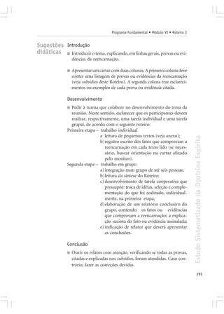 Programa Fundamental • Módulo VI • Roteiro 2


Sugestões Introdução
didáticas ■ Introduzir o tema, explicando, em linhas gerais, provas ou evi-
                   dências da reencarnação.

               ■   Apresentar um cartaz com duas colunas. A primeira coluna deve
                   conter uma listagem de provas ou evidências da reencarnação
                   (veja subsídios deste Roteiro). A segunda coluna traz esclareci-
                   mentos ou exemplos de cada prova ou evidência citada.

               Desenvolvimento
               ■ Pedir à turma que colabore no desenvolvimento do tema da
                 reunião. Neste sentido, esclarecer que os participantes devem
                 realizar, respectivamente, uma tarefa individual e uma tarefa
                 grupal, de acordo com o seguinte roteiro:
               Primeira etapa – trabalho individual
                                 a leitura de pequenos textos (veja anexo);




                                                                                        Estudo Sistematizado da Doutrina Espírita
                                 b)registro escrito dos fatos que comprovam a
                                    reencarnação em cada texto lido (se neces-
                                    sário, buscar orientação no cartaz afixado
                                    pelo monitor).
               Segunda etapa – trabalho em grupo
                                 a) integração num grupo de até seis pessoas;
                                 b)leitura da síntese do Roteiro;
                                 c) desenvolvimento de tarefa cooperativa que
                                    pressupõe: troca de idéias, seleção e comple-
                                    mentação do que foi realizado, individual-
                                    mente, na primeira etapa;
                                 d)elaboração de um relatório conclusivo do
                                    grupo, contendo: os fatos ou evidências
                                    que comprovam a reencarnação; a explica-
                                    ção sucinta do fato ou evidência assinalada;
                                 e) indicação de relator que deverá apresentar
                                    as conclusões.

               Conclusão
               ■   Ouvir os relatos com atenção, verificando se todas as provas,
                   citadas e explicadas nos subsídios, foram atendidas. Caso con-
                   trário, fazer as correções devidas.
                                                                                               191
 