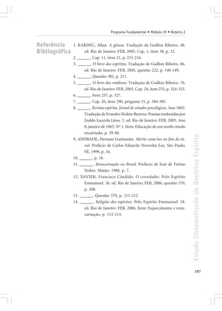 Programa Fundamental • Módulo VI • Roteiro 2


Referência      1. KARDEC, Allan. A gênese. Tradução de Guillon Ribeiro. 48.
Bibliográfica         ed. Rio de Janeiro: FEB, 2005. Cap. 1, item 38, p. 32.
                2. ______. Cap. 11, item 21, p. 215-216.
                3. ______. O livro dos espíritos. Tradução de Guillon Ribeiro. 86.
                      ed. Rio de Janeiro: FEB, 2005, questão 222, p. 148-149.
                4. ______. Questão 385, p. 211.
                5. ______. O livro dos médiuns. Tradução de Guillon Ribeiro. 76.
                      ed. Rio de Janeiro: FEB, 2005. Cap. 24, item 255, p. 324-325.
                6. ______. Item 257, p. 327.
                7. ______. Cap. 26, item 290, pergunta 15, p. 384-385.
                8. ______. Revista espírita. Jornal de estudos psicológicos. Ano 1865.
                      Tradução de Evandro Noleto Bezerra. Poesias traduzidas por
                      Inaldo Lacerda Lima. 2. ed. Rio de Janeiro: FEB, 2005. Ano
                      8, janeiro de 1865. Nº 1. Item: Educação de um surdo-mudo
                      encarnado, p. 39-40.




                                                                                         Estudo Sistematizado da Doutrina Espírita
                9. ANDRADE, Hernani Guimarães. Morte: uma luz no fim do tú-
                      nel. Prefácio de Carlos Eduardo Noronha Luz. São Paulo:
                      FÉ, 1999, p. 16.
                10. ______. p. 18.
                11. ______. Reencarnação no Brasil. Prefácio de José de Freitas
                      Nobre. Matão: 1988, p. 7.
                12. XAVIER, Francisco Cândido. O consolador. Pelo Espírito
                      Emmanuel. 26. ed. Rio de Janeiro: FEB, 2006, questão 370,
                      p. 208.
                13. ______. Questão 379, p. 211-212.
                14. ______. Religião dos espíritos. Pelo Espírito Emmanuel. 18.
                      ed. Rio de Janeiro: FEB, 2006. Item: Esquecimento e reen-
                      carnação, p. 112-113.




                                                                                                197
 