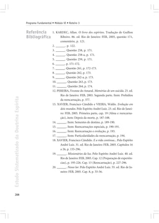 Programa Fundamental • Módulo VI • Roteiro 3


                                            Referência           1. KARDEC, Allan. O livro dos espíritos. Tradução de Guillon
                                            Bibliográfica              Ribeiro. 86. ed. Rio de Janeiro: FEB, 2005, questão 171,
                                                                       comentário, p. 121.
                                                                 2. ______. p. 122.
                                                                 3. ______. Questão 258, p. 171.
                                                                 4. ______. Questão 258-a, p. 171.
                                                                 5. ______. Questão 259, p. 171.
                                                                 6. ______. p. 171-172.
                                                                 7. ______. Questão 261, p. 172-173.
                                                                 8. ______. Questão 262, p. 173.
                                                                 9. ______. Questão 262-a, p. 173.
                                                                 10. ______. Questão 263, p. 173.
                                                                 11. ______. Questão 264, p. 174.
                                                                 12. PEREIRA, Yvonne do Amaral. Memórias de um suicida. 25. ed.
                                                                       Rio de Janeiro: FEB, 2003. Segunda parte. Item: Prelúdios
Estudo Sistematizado da Doutrina Espírita




                                                                       da reencarnação, p. 377.
                                                                 13. XAVIER, Francisco Cândido e VIEIRA, Waldo. Evolução em
                                                                       dois mundos. Pelo Espírito André Luiz. 23. ed. Rio de Janei-
                                                                       ro: FEB, 2005. Primeira parte, cap. 19 (Alma e reencarna-
                                                                       ção), item: Depois da morte, p. 187-188.
                                                                 14. ______. Item: Sementes de destino, p. 189-190.
                                                                 15. ______. Item: Reencarnações especiais, p. 190-191.
                                                                 16. ______. Item: Reencarnação e evolução, p. 193.
                                                                 17. ______. Item: Particularidades da reencarnação, p. 194.
                                                                 18. XAVIER, Francisco Cândido. E a vida continua... Pelo Espírito
                                                                       André Luiz. 31. ed. Rio de Janeiro: FEB, 2005. Capítulos 16
                                                                       a 26, p. 155-296.
                                                                 19. ______. Missionários da luz. Pelo Espírito André Luiz. 40. ed.
                                                                       Rio de Janeiro: FEB, 2005. Cap. 12 (Preparação de experiên-
                                                                       cias), p. 195-226. Cap. 13 (Reencarnação), p. 227-296.
                                                                 20. ______. Nosso lar. Pelo Espírito André Luiz. 55. ed. Rio de Ja-
                                                                       neiro: FEB, 2005. Cap. 8, p. 55-56.




208
 