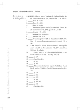 Programa Fundamental • Módulo VI • Roteiro 4


                                            Referência           1. KARDEC, Allan. A gênese. Tradução de Guillon Ribeiro. 48.
                                            Bibliográfica              ed. Rio de Janeiro: FEB, 2005, Cap. 11, item 17, p. 213-214.
                                                                 2. ______. Item 18, p. 214.
                                                                 3. ______. Item 20, p. 215.
                                                                 4. ______. Item 21, p. 215.
                                                                 5. ______. O livro dos espíritos. Tradução de Guillon Ribeiro. 86.
                                                                       ed. Rio de Janeiro:FEB, 2005, questão 344, p. 199.
                                                                 6. ______. Questão 345, p. 199.
                                                                 7. ______. Questão 351, p. 200-201.
                                                                 8. ______. Questão 354, p. 201.
                                                                 9. ______. O que é o espiritismo. 53. ed. Rio de Janeiro: FEB, 2005.
                                                                       Cap. 3 (O homem durante a vida terrena), pergunta 116, p.
                                                                       197.
                                                                 10. XAVIER, Francisco Cândido. E a vida continua... Pelo Espírito
                                                                       André Luiz. 30. ed. Rio de Janeiro: FEB, 2004. Cap. 16, p.
Estudo Sistematizado da Doutrina Espírita




                                                                       162 (nota de rodapé).
                                                                 11. ______. Entre a terra e o Céu. Pelo Espírito André Luiz. 22. ed.
                                                                       Rio de Janeiro: FEB, 2005. Cap. 28, p. 228-229.
                                                                 12. ______. p. 229.
                                                                 13. ______. Cap. 30, p. 241.
                                                                 14. ______. p. 242.
                                                                 15. ______. p. 187.
                                                                 16. ______. Missionários da luz. Pelo Espírito André Luiz. 39. ed.
                                                                       Rio de Janeiro: FEB, 2004. Cap. 13 (Reencarnação), p. 269-
                                                                       271.
                                                                 17. ______. p. 272.
                                                                 18. ______. p. 276.
                                                                 19. ______. p. 277.
                                                                 20. ______. p. 285.
                                                                 21. ______. p. 292-294.
                                                                 22. ______. p. 294.
                                                                 23. ______. Cap. 14, p. 298.




220
 