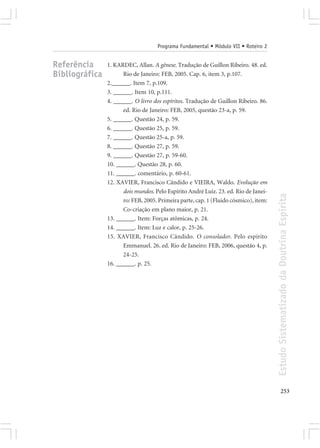 Programa Fundamental • Módulo VII • Roteiro 2


Referência      1. KARDEC, Allan. A gênese. Tradução de Guillon Ribeiro. 48. ed.
Bibliográfica         Rio de Janeiro: FEB, 2005. Cap. 6, item 3, p.107.
                2.______. Item 7, p.109.
                3. ______. Item 10, p.111.
                4. ______. O livro dos espíritos. Tradução de Guillon Ribeiro. 86.
                      ed. Rio de Janeiro: FEB, 2005, questão 23-a, p. 59.
                5. ______. Questão 24, p. 59.
                6. ______. Questão 25, p. 59.
                7. ______. Questão 25-a, p. 59.
                8. ______. Questão 27, p. 59.
                9. ______. Questão 27, p. 59-60.
                10. ______. Questão 28, p. 60.
                11. ______. comentário, p. 60-61.
                12. XAVIER, Francisco Cândido e VIEIRA, Waldo. Evolução em
                      dois mundos. Pelo Espírito André Luiz. 23. ed. Rio de Janei-




                                                                                      Estudo Sistematizado da Doutrina Espírita
                      ro: FEB, 2005. Primeira parte, cap. 1 (Fluido cósmico), item:
                      Co-criação em plano maior, p. 21.
                13. ______. Item: Forças atômicas, p. 24.
                14. ______. Item: Luz e calor, p. 25-26.
                15. XAVIER, Francisco Cândido. O consolador. Pelo espírito
                      Emmanuel. 26. ed. Rio de Janeiro: FEB, 2006, questão 4, p.
                      24-25.
                16. ______. p. 25.




                                                                                             253
 