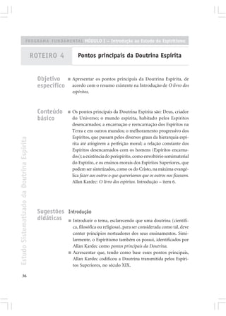 PROGRAMA FUNDAMENTAL MÓDULO I – Introdução ao Estudo do Espiritismo


                                            ROTEIRO 4              Pontos principais da Doutrina Espírita


                                              Objetivo      ■   Apresentar os pontos principais da Doutrina Espírita, de
                                              específico        acordo com o resumo existente na Introdução de O livro dos
                                                                espíritos.



                                              Conteúdo      ■   Os pontos principais da Doutrina Espírita são: Deus, criador
                                              básico            do Universo; o mundo espírita, habitado pelos Espíritos
                                                                desencarnados; a encarnação e reencarnação dos Espíritos na
                                                                Terra e em outros mundos; o melhoramento progressivo dos
                                                                Espíritos, que passam pelos diversos graus da hierarquia espí-
Estudo Sistematizado da Doutrina Espírita




                                                                rita até atingirem a perfeição moral; a relação constante dos
                                                                Espíritos desencarnados com os homens (Espíritos encarna-
                                                                dos); a existência do perispírito, como envoltório semimaterial
                                                                do Espírito, e os ensinos morais dos Espíritos Superiores, que
                                                                podem ser sintetizados, como os do Cristo, na máxima evangé-
                                                                lica fazer aos outros o que quereríamos que os outros nos fizessem.
                                                                Allan Kardec: O livro dos espíritos. Introdução – item 6.




                                              Sugestões Introdução
                                              didáticas ■ Introduzir o tema, esclarecendo que uma doutrina (científi-
                                                                ca, filosófica ou religiosa), para ser considerada como tal, deve
                                                                conter princípios norteadores dos seus ensinamentos. Simi-
                                                                larmente, o Espiritismo também os possui, identificados por
                                                                Allan Kardec como pontos principais da Doutrina.
                                                            ■   Acrescentar que, tendo como base esses pontos principais,
                                                                Allan Kardec codificou a Doutrina transmitida pelos Espíri-
                                                                tos Superiores, no século XIX.

       36
 