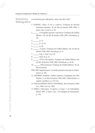 Programa Fundamental • Módulo II • Roteiro 3


                                            Referência           se encontram por toda parte, como com ela se dá 6.
                                            Bibliográfica
                                                                 1 . KARDEC, Allan. O céu e o inferno. Tradução de Manuel
                                                                       Justiniano Quintão. 58. ed. Rio de Janeiro: FEB, 2005. 1ª
                                                                       parte. Cap. 3, item 4, p. 29.
                                                                 2. ______. O evangelho segundo o espiritismo. Tradução de Guillon
                                                                       Ribeiro. 124. ed. Rio de Janeiro: FEB, 2005. Introdução, p.
                                                                       29.
                                                                 3. ______. p. 31.
                                                                 4. ______. p. 32-33.
                                                                 5. ______. p. 36.
                                                                 6. ______. A gênese. Tradução de Guillon Ribeiro. 48. ed. Rio de
                                                                       Janeiro: FEB, 2005. Introdução, p. 11.
                                                                 7. ______. Cap. 1, item 14, p. 20.
                                                                 8. ______. Item 16, p. 21.
Estudo Sistematizado da Doutrina Espírita




                                                                 9. ______. O livro dos espíritos. Tradução de Guillon Ribeiro. 86.
                                                                       ed. Rio de Janeiro: FEB, 2005. Introdução, p. 28-29.
                                                                 10. ______. Obras póstumas. Tradução de Guillon Ribeiro. 38. ed.
                                                                       Rio de Janeiro:
                                                                 FEB, 2005. Segunda parte. (A minha primeira iniciação no Espiri-
                                                                       tismo), p. 268.
                                                                 12. AMORIM, Deolindo. Análises espíritas. Compilação de Celso
                                                                       Martins. 2. ed. Rio de Janeiro: FEB, 1995. (Allan Kardec e o
                                                                       espírito científico), p. 133-134.
                                                                 13. ENCICLOPÉDIA DELTA UNIVERSAL. Rio de Janeiro: Delta
                                                                       S.A., 1980, vol. 4, p. 2043.
                                                                 13. PIRES, J. Herculano. O espírito e o tempo. 7. ed. Sobradinho:
                                                                       Edicel, 1995. 3ª parte. Cap. 1 (O triângulo de Emmanuel),
                                                                       p. 136.




       76
 