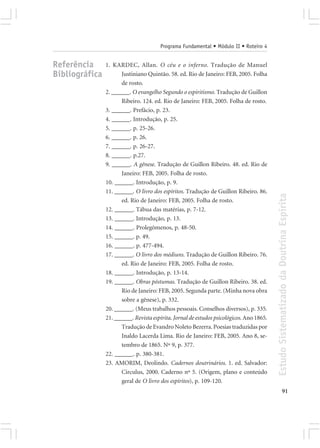 Programa Fundamental • Módulo II • Roteiro 4


Referência      1. KARDEC, Allan. O céu e o inferno. Tradução de Manuel
Bibliográfica          Justiniano Quintão. 58. ed. Rio de Janeiro: FEB, 2005. Folha
                       de rosto.
                2. ______. O evangelho Segundo o espiritismo. Tradução de Guillon
                       Ribeiro. 124. ed. Rio de Janeiro: FEB, 2005. Folha de rosto.
                3. ______. Prefácio, p. 23.
                4. ______. Introdução, p. 25.
                5. ______. p. 25-26.
                6. ______. p. 26.
                7. ______. p. 26-27.
                8. ______. p.27.
                9. ______. A gênese. Tradução de Guillon Ribeiro. 48. ed. Rio de
                       Janeiro: FEB, 2005. Folha de rosto.
                10. ______. Introdução, p. 9.
                11. ______. O livro dos espíritos. Tradução de Guillon Ribeiro. 86.




                                                                                          Estudo Sistematizado da Doutrina Espírita
                       ed. Rio de Janeiro: FEB, 2005. Folha de rosto.
                12. ______. Tábua das matérias, p. 7-12.
                13. ______. Introdução, p. 13.
                14. ______. Prolegômenos, p. 48-50.
                15. ______. p. 49.
                16. ______. p. 477-494.
                17. ______. O livro dos médiuns. Tradução de Guillon Ribeiro. 76.
                       ed. Rio de Janeiro: FEB, 2005. Folha de rosto.
                18. ______. Introdução, p. 13-14.
                19. ______. Obras póstumas. Tradução de Guillon Ribeiro. 38. ed.
                       Rio de Janeiro: FEB, 2005. Segunda parte. (Minha nova obra
                       sobre a gênese), p. 332.
                20. ______. (Meus trabalhos pessoais. Conselhos diversos), p. 335.
                21. ______. Revista espírita. Jornal de estudos psicológicos. Ano 1865.
                       Tradução de Evandro Noleto Bezerra. Poesias traduzidas por
                       Inaldo Lacerda Lima. Rio de Janeiro: FEB, 2005. Ano 8, se-
                       tembro de 1865. Nº 9, p. 377.
                22. ______. p. 380-381.
                23. AMORIM, Deolindo. Cadernos doutrinários. 1. ed. Salvador:
                       Circulus, 2000. Caderno nº 5. (Origem, plano e conteúdo
                       geral de O livro dos espíritos), p. 109-120.
                                                                                                        91
 