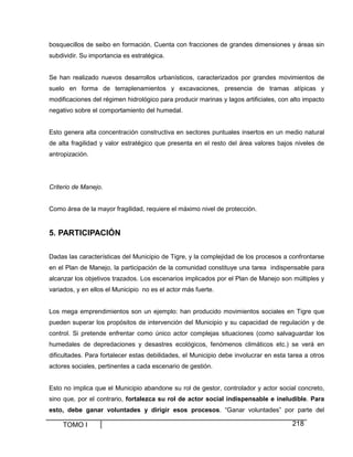 bosquecillos de seibo en formación. Cuenta con fracciones de grandes dimensiones y áreas sin
subdividir. Su importancia es estratégica.

Se han realizado nuevos desarrollos urbanísticos, caracterizados por grandes movimientos de
suelo en forma de terraplenamientos y excavaciones, presencia de tramas atípicas y
modificaciones del régimen hidrológico para producir marinas y lagos artificiales, con alto impacto
negativo sobre el comportamiento del humedal.

Esto genera alta concentración constructiva en sectores puntuales insertos en un medio natural
de alta fragilidad y valor estratégico que presenta en el resto del área valores bajos niveles de
antropización.

Criterio de Manejo.

Como área de la mayor fragilidad, requiere el máximo nivel de protección.

5. PARTICIPACIÓN
Dadas las características del Municipio de Tigre, y la complejidad de los procesos a confrontarse
en el Plan de Manejo, la participación de la comunidad constituye una tarea indispensable para
alcanzar los objetivos trazados. Los escenarios implicados por el Plan de Manejo son múltiples y
variados, y en ellos el Municipio no es el actor más fuerte.

Los mega emprendimientos son un ejemplo: han producido movimientos sociales en Tigre que
pueden superar los propósitos de intervención del Municipio y su capacidad de regulación y de
control. Si pretende enfrentar como único actor complejas situaciones (como salvaguardar los
humedales de depredaciones y desastres ecológicos, fenómenos climáticos etc.) se verá en
dificultades. Para fortalecer estas debilidades, el Municipio debe involucrar en esta tarea a otros
actores sociales, pertinentes a cada escenario de gestión.

Esto no implica que el Municipio abandone su rol de gestor, controlador y actor social concreto,
sino que, por el contrario, fortalezca su rol de actor social indispensable e ineludible. Para
esto, debe ganar voluntades y dirigir esos procesos. “Ganar voluntades” por parte del

TOMO I

218

 