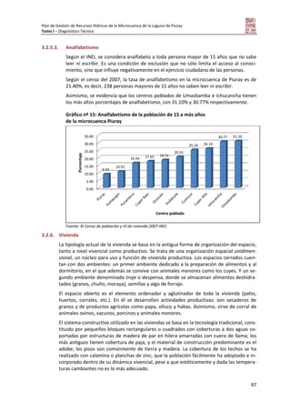 Plan de Gestión de Recursos Hídricos de la Microcuenca de la Laguna de Piuray
Tomo I – Diagnóstico Técnico
97
3.2.5.3. Analfabetismo
Según el INEI, se considera analfabeto a toda persona mayor de 15 años que no sabe
leer ni escribir. Es una condición de exclusión que no sólo limita el acceso al conoci-
miento, sino que influye negativamente en el ejercicio ciudadano de las personas.
Según el censo del 2007, la tasa de analfabetismo en la microcuenca de Piuray es de
21.40%, es decir, 238 personas mayores de 15 años no saben leer ni escribir.
Asimismo, se evidencia que los centros poblados de Umasbamba e Ichucancha tienen
los más altos porcentajes de analfabetismo, con 31.10% y 30.77% respectivamente.
Gráfico nº 15: Analfabetismo de la población de 15 a más años
de la microcuenca Piuray
Fuente: XI Censo de población y VI de vivienda 2007-INEI.
3.2.6. Vivienda
La tipología actual de la vivienda se basa en la antigua forma de organización del espacio,
tanto a nivel vivencial como productivo. Se trata de una organización espacial unidimen-
sional, un núcleo para uso y función de vivienda productiva. Los espacios cerrados cuen-
tan con dos ambientes: un primer ambiente dedicado a la preparación de alimentos y al
dormitorio, en el que además se convive con animales menores como los cuyes. Y un se-
gundo ambiente denominado troje o despensa, donde se almacenan alimentos deshidra-
tados (granos, chuño, moraya), semillas y algo de forraje.
El espacio abierto es el elemento ordenador y aglutinador de toda la vivienda (patio,
huertos, corrales, etc.). En él se desarrollan actividades productivas: son secaderos de
granos y de productos agrícolas como papa, olluco y habas. Asimismo, sirve de corral de
animales ovinos, vacunos, porcinos y animales menores.
El sistema constructivo utilizado en las viviendas se basa en la tecnología tradicional, cons-
tituido por pequeños bloques rectangulares o cuadrados con coberturas a dos aguas so-
portadas por estructuras de madera de par en hilera amarradas con cuero de llama; los
más antiguos tienen cobertura de paja, y el material de construcción predominante es el
adobe; los pisos son comúnmente de tierra y madera. La cobertura de los techos se ha
realizado con calamina o planchas de zinc, que la población fácilmente ha adoptado e in-
corporado dentro de su dinámica vivencial, pese a que estéticamente y dada las tempera-
turas cambiantes no es lo más adecuado.
0.00
5.00
10.00
15.00
20.00
25.00
30.00
35.00
9.09
10.91
16.54 17.65 18.56
20.55
25.24 26.14
30.77 31.10
Porcentaje
Centro poblado
 