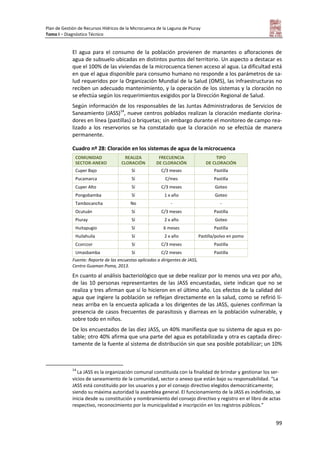 Plan de Gestión de Recursos Hídricos de la Microcuenca de la Laguna de Piuray
Tomo I – Diagnóstico Técnico
99
El agua para el consumo de la población provienen de manantes o afloraciones de
agua de subsuelo ubicadas en distintos puntos del territorio. Un aspecto a destacar es
que el 100% de las viviendas de la microcuenca tienen acceso al agua. La dificultad está
en que el agua disponible para consumo humano no responde a los parámetros de sa-
lud requeridos por la Organización Mundial de la Salud (OMS), las infraestructuras no
reciben un adecuado mantenimiento, y la operación de los sistemas y la cloración no
se efectúa según los requerimientos exigidos por la Dirección Regional de Salud.
Según información de los responsables de las Juntas Administradoras de Servicios de
Saneamiento (JASS)14
, nueve centros poblados realizan la cloración mediante clorina-
dores en línea (pastillas) o briquetas; sin embargo durante el monitoreo de campo rea-
lizado a los reservorios se ha constatado que la cloración no se efectúa de manera
permanente.
Cuadro nº 28: Cloración en los sistemas de agua de la microcuenca
COMUNIDAD
SECTOR-ANEXO
REALIZA
CLORACIÓN
FRECUENCIA
DE CLORACIÓN
TIPO
DE CLORACIÓN
Cuper Bajo Sí C/3 meses Pastilla
Pucamarca Sí C/mes Pastilla
Cuper Alto Sí C/3 meses Goteo
Pongobamba Sí 1 x año Goteo
Tambocancha No - -
Ocutuán Sí C/3 meses Pastilla
Piuray Sí 2 x año Goteo
Huitapugio Sí 6 meses Pastilla
Huilahuila Sí 2 x año Pastilla/polvo en pomo
Ccorccor Sí C/3 meses Pastilla
Umasbamba Sí C/2 meses Pastilla
Fuente: Reporte de las encuestas aplicadas a dirigentes de JASS,
Centro Guaman Poma, 2013.
En cuanto al análisis bacteriológico que se debe realizar por lo menos una vez por año,
de las 10 personas representantes de las JASS encuestadas, siete indican que no se
realiza y tres afirman que sí lo hicieron en el último año. Los efectos de la calidad del
agua que ingiere la población se reflejan directamente en la salud, como se refirió lí-
neas arriba en la encuesta aplicada a los dirigentes de las JASS, quienes confirman la
presencia de casos frecuentes de parasitosis y diarreas en la población vulnerable, y
sobre todo en niños.
De los encuestados de las diez JASS, un 40% manifiesta que su sistema de agua es po-
table; otro 40% afirma que una parte del agua es potabilizada y otra es captada direc-
tamente de la fuente al sistema de distribución sin que sea posible potabilizar; un 10%
14
La JASS es la organización comunal constituida con la finalidad de brindar y gestionar los ser-
vicios de saneamiento de la comunidad, sector o anexo que están bajo su responsabilidad. “La
JASS está constituido por los usuarios y por el consejo directivo elegidos democráticamente;
siendo su máxima autoridad la asamblea general. El funcionamiento de la JASS es indefinido, se
inicia desde su constitución y nombramiento del consejo directivo y registro en el libro de actas
respectivo, reconocimiento por la municipalidad e inscripción en los registros públicos.”
 