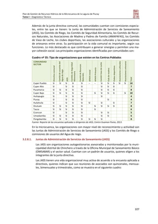Plan de Gestión de Recursos Hídricos de la Microcuenca de la Laguna de Piuray
Tomo I – Diagnóstico Técnico
107
Además de la junta directiva comunal, las comunidades cuentan con comisiones especia-
les, entre las que se tienen: la Junta de Administración de Servicios de Saneamiento
(JASS), los Comités de Riego, los Comités de Seguridad Alimentaria, los Comités de Recur-
sos Naturales, las Asociaciones de Madres y Padres de Familia (AMAPAFAS), los Comités
de Vaso de Leche, los clubes deportivos, las asociaciones culturales y las organizaciones
de artesanos entre otras. Su participación en la vida comunal es importante, según sus
funciones. Lo más destacado es que contribuyen a generar sinergias y permiten una ma-
yor cohesión social. Las principales organizaciones identificadas por comunidades son:
Cuadro nº 35: Tipo de organizaciones que existen en los Centros Poblados
COMUNIDAD
SECTOR
Directivacomunal
Comitédeusuariosdel
Aguaderiego
JASS
ComitésdeSeguridad
Alimentaria
ComitédeRecursos
Naturales
APAFAInicial
APAFAPrimaria
ComitéVasodeLeche
Clubdemadres
Clubesdeportivos
Asociacionesculturales
Asociacionesartesanos
Total
Cuper Pueblo Sí Sí Sí Sí Sí -- -- Sí Sí Sí Sí Sí 10
Cuper Alto Sí Sí Sí Sí Sí Sí Sí 7
Pucamarca Sí Sí Sí Sí Sí Sí Sí Sí 8
Cuper Bajo Sí Sí Sí Sí Sí Sí Sí Sí Sí Sí 10
Huitapugio Sí Sí Sí Sí Sí 4
Piuray Sí Sí Sí Sí Sí 4
Huilahuila Sí Sí Sí Sí Sí Sí Sí 7
Ocutuán Sí Sí Sí Sí Sí Sí Sí Sí Sí 8
Tauca Sí Sí Sí Sí Sí Sí 6
Ccorccor Sí Sí Sí Sí Sí Sí 5
Umasbamba Sí Sí Sí Sí Sí Sí Sí 6
Pongobamba Sí Sí Sí Sí Sí Sí Sí Sí 8
Fuente: Reporte de las encuestas aplicadas a dirigentes de JASS, Centro Guaman Poma, 2013.
En la microcuenca, las organizaciones con mayor nivel de reconocimiento y actividad son
las Juntas de Administración de Servicios de Saneamiento (JASS) y los Comités de Riego o
comisiones de usuarios del Agua de riego.
3.2.8.1. Juntas de Administración de Servicios de Saneamiento (JASS)
Las JASS son organizaciones autogestionarias asesoradas y monitoreadas por la muni-
cipalidad distrital de Chinchero a través de la Oficina Municipal de Saneamiento Básico
(OMSABAR) y el sector salud. Cuentan con un padrón de usuarios, quienes eligen a los
integrantes de la junta directiva.
Las JASS tienen una vida organizacional muy activa de acuerdo a la encuesta aplicada a
directivos, quienes indican que sus reuniones de asociados son quincenales, mensua-
les, bimensuales y trimestrales, como se muestra en el siguiente cuadro:
 