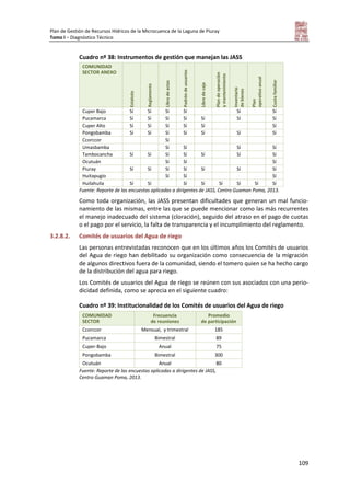 Plan de Gestión de Recursos Hídricos de la Microcuenca de la Laguna de Piuray
Tomo I – Diagnóstico Técnico
109
Cuadro nº 38: Instrumentos de gestión que manejan las JASS
COMUNIDAD
SECTOR ANEXO
Estatuto
Reglamento
Librodeactas
Padróndeusuarios
Librodecaja
Plandeoperación
ymantenimiento
Inventario
debienes
Plan
operativoanual
Cuotafamiliar
Cuper Bajo Sí Sí Sí Sí Sí Sí
Pucamarca Sí Sí Sí Sí Sí Sí Sí
Cuper Alto Sí Sí Sí Sí Sí Sí
Pongobamba Sí Sí Sí Sí Sí Sí Sí
Ccorccor Sí
Umasbamba Sí Sí Sí Sí
Tambocancha Sí Sí Sí Sí Sí Sí Sí
Ocutuán Sí Sí Sí
Piuray Sí Sí Sí Sí Sí Sí Sí
Huitapugio Sí Sí Sí
Huilahuila Sí Sí Sí Sí Sí Sí Sí Sí
Fuente: Reporte de las encuestas aplicadas a dirigentes de JASS, Centro Guaman Poma, 2013.
Como toda organización, las JASS presentan dificultades que generan un mal funcio-
namiento de las mismas, entre las que se puede mencionar como las más recurrentes
el manejo inadecuado del sistema (cloración), seguido del atraso en el pago de cuotas
o el pago por el servicio, la falta de transparencia y el incumplimiento del reglamento.
3.2.8.2. Comités de usuarios del Agua de riego
Las personas entrevistadas reconocen que en los últimos años los Comités de usuarios
del Agua de riego han debilitado su organización como consecuencia de la migración
de algunos directivos fuera de la comunidad, siendo el tomero quien se ha hecho cargo
de la distribución del agua para riego.
Los Comités de usuarios del Agua de riego se reúnen con sus asociados con una perio-
dicidad definida, como se aprecia en el siguiente cuadro:
Cuadro nº 39: Institucionalidad de los Comités de usuarios del Agua de riego
COMUNIDAD
SECTOR
Frecuencia
de reuniones
Promedio
de participación
Ccorccor Mensual, y trimestral 185
Pucamarca Bimestral 89
Cuper-Bajo Anual 75
Pongobamba Bimestral 300
Ocutuán Anual 80
Fuente: Reporte de las encuestas aplicadas a dirigentes de JASS,
Centro Guaman Poma, 2013.
 