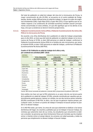 Plan de Gestión de Recursos Hídricos de la Microcuenca de la Laguna de Piuray
Tomo I – Diagnóstico Técnico
118
Del total de población en edad de trabajar del área de la microcuenca de Piuray, la
mayor concentración de ella (21.9%), se encuentra en el centro poblado de Pongo-
bamba, donde residen 499 personas en edad de trabajar; le siguen en orden de magni-
tud Umasbamba (258), Cuper Bajo (252) y Cuper Alto (251), lo que significa que las va-
riables respecto a las condiciones de actividad económica también estarán principal-
mente concentradas en estos ámbitos, sin que ello signifique que en los demás no las
haya, sino que su existencia se dará en menores proporciones.
3.3.1.2. Población Económicamente Activa (PEA) y Población Económicamente No Activa (No
PEA) en la microcuenca de Piuray
De acuerdo a las cifras distributivas de la población en edad de trabajar proyectadas
para el año 2013, se tiene que del total de población en edad de trabajar en la micro-
cuenca de Piuray el 37.0%, es decir 844 personas en edad de trabajar, conforman la
Población Económicamente Activa (PEA) en el ámbito de esta microcuenca; por tanto,
el restante 63.0%, es decir 1435 personas en edad de trabajar, conforman la Población
Económicamente No Activa (NO PEA).
Cuadro nº 43: Población en edad de trabajar de 6 años y más,
por condición de actividad (2007- 2013)
CENTROS
POBLADOS
POBLACIÓN EN EDAD DE TRABAJAR
TOTAL POBLACIÓN
EN EDAD DE TRABAJAR
POBLACIÓN
ECONÓMICAMENTE
ACTIVA (PEA)
POBLACIÓN
ECONÓMICAMENTE NO
ACTIVA (NO PEA)
2007 2013 2007 2013 2007 2013
Total micro-
cuenca Piuray
2176 2279 806 844 1370 1435
Cuper Alto 240 251 80 84 160 167
Cuper Bajo 241 252 86 90 155 162
Pucamarca 210 220 76 80 134 140
Ccorccor 158 165 59 62 99 103
Huilahuila 202 211 103 108 99 103
Umasbamba 247 258 80 84 167 174
Pongobamba 476 499 178 187 298 312
Piuray 74 78 30 32 44 46
Ocutuán 131 138 43 45 88 93
Taucca 120 126 40 42 80 84
Huitapugio 77 81 31 33 46 48
Fuente: INEI-Censos nacionales de población y vivienda 2007 y proyecciones de población 2005-2015.
Este análisis nos hace ver que la PEA solamente es un poco más de una tercera parte
de la población en edad de trabajar (37.0%), estando constituida por aquellos que po-
tencialmente podrán generar riqueza; en cambio, las casi dos terceras partes restantes
(63.0%) constituyen la NO PEA, es decir, son los que no generan riqueza porque, por
cualquier razón, no tienen un puesto de trabajo ni tampoco lo buscan porque no pue-
den o no desean trabajar.
En la NO PEA están, por tanto, las amas de casa que solamente se dedican a las tareas
domésticas del hogar, los cesantes y jubilados que ya no trabajan ni buscan trabajo, los
rentistas que solamente viven de sus rentas, los estudiantes que únicamente se dedi-
can a estudiar, las personas que tiene limitaciones físicas y/o mentales que les impiden
entrar o intentar entrar al campo laboral, los ancianos con edad avanzada, y todas las
personas que simplemente no desean trabajar ni buscan trabajo.
 