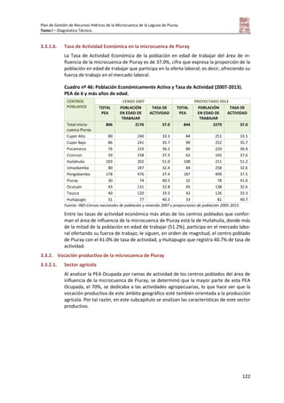 Plan de Gestión de Recursos Hídricos de la Microcuenca de la Laguna de Piuray
Tomo I – Diagnóstico Técnico
122
3.3.1.6. Tasa de Actividad Económica en la microcuenca de Piuray
La Tasa de Actividad Económica de la población en edad de trabajar del área de in-
fluencia de la microcuenca de Piuray es de 37.0%, cifra que expresa la proporción de la
población en edad de trabajar que participa en la oferta laboral; es decir, ofreciendo su
fuerza de trabajo en el mercado laboral.
Cuadro nº 46: Población Económicamente Activa y Tasa de Actividad (2007-2013).
PEA de 6 y más años de edad.
CENTROS
POBLADOS
CENSO 2007 PROYECTADO 2013
TOTAL
PEA
POBLACIÓN
EN EDAD DE
TRABAJAR
TASA DE
ACTIVIDAD
TOTAL
PEA
POBLACIÓN
EN EDAD DE
TRABAJAR
TASA DE
ACTIVIDAD
Total micro-
cuenca Piuray
806 2176 37.0 844 2279 37.0
Cuper Alto 80 240 33.3 84 251 33.5
Cuper Bajo 86 241 35.7 90 252 35.7
Pucamarca 76 210 36.2 80 220 36.4
Ccorccor 59 158 37.3 62 165 37.6
Huilahuila 103 202 51.0 108 211 51.2
Umasbamba 80 247 32.4 84 258 32.6
Pongobamba 178 476 37.4 187 499 37.5
Piuray 30 74 40.5 32 78 41.0
Ocutuán 43 131 32.8 45 138 32.6
Taucca 40 120 33.3 42 126 33.3
Huitapugio 31 77 40.3 33 81 40.7
Fuente: INEI-Censos nacionales de población y vivienda 2007 y proyecciones de población 2005-2015.
Entre las tasas de actividad económica más altas de los centros poblados que confor-
man el área de influencia de la microcuenca de Piuray está la de Huilahuila, donde más
de la mitad de la población en edad de trabajar (51.2%), participa en el mercado labo-
ral ofertando su fuerza de trabajo; le siguen, en orden de magnitud, el centro poblado
de Piuray con el 41.0% de tasa de actividad, y Huitapugio que registra 40.7% de tasa de
actividad.
3.3.2. Vocación productiva de la microcuenca de Piuray
3.3.2.1. Sector agrícola
Al analizar la PEA Ocupada por ramas de actividad de los centros poblados del área de
influencia de la microcuenca de Piuray, se determinó que la mayor parte de esta PEA
Ocupada, el 70%, se dedicaba a las actividades agropecuarias, lo que hace ver que la
vocación productiva de este ámbito geográfico esté también orientada a la producción
agrícola. Por tal razón, en este subcapítulo se analizan las características de este sector
productivo.
 
