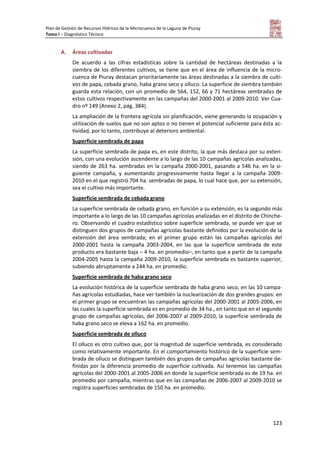 Plan de Gestión de Recursos Hídricos de la Microcuenca de la Laguna de Piuray
Tomo I – Diagnóstico Técnico
123
A. Áreas cultivadas
De acuerdo a las cifras estadísticas sobre la cantidad de hectáreas destinadas a la
siembra de los diferentes cultivos, se tiene que en el área de influencia de la micro-
cuenca de Piuray destacan prioritariamente las áreas destinadas a la siembra de culti-
vos de papa, cebada grano, haba grano seco y olluco. La superficie de siembra también
guarda esta relación, con un promedio de 564, 152, 66 y 71 hectáreas sembradas de
estos cultivos respectivamente en las campañas del 2000-2001 al 2009-2010. Ver Cua-
dro nº 149 (Anexo 2, pág. 384).
La ampliación de la frontera agrícola sin planificación, viene generando la ocupación y
utilización de suelos que no son aptos o no tienen el potencial suficiente para ésta ac-
tividad, por lo tanto, contribuye al deterioro ambiental.
Superficie sembrada de papa
La superficie sembrada de papa es, en este distrito, la que más destaca por su exten-
sión, con una evolución ascendente a lo largo de las 10 campañas agrícolas analizadas,
siendo de 263 ha. sembradas en la campaña 2000-2001, pasando a 546 ha. en la si-
guiente campaña, y aumentando progresivamente hasta llegar a la campaña 2009-
2010 en el que registró 704 ha. sembradas de papa, lo cual hace que, por su extensión,
sea el cultivo más importante.
Superficie sembrada de cebada grano
La superficie sembrada de cebada grano, en función a su extensión, es la segundo más
importante a lo largo de las 10 campañas agrícolas analizadas en el distrito de Chinche-
ro. Observando el cuadro estadístico sobre superficie sembrada, se puede ver que se
distinguen dos grupos de campañas agrícolas bastante definidos por la evolución de la
extensión del área sembrada; en el primer grupo están las campañas agrícolas del
2000-2001 hasta la campaña 2003-2004, en las que la superficie sembrada de este
producto era bastante baja – 4 ha. en promedio–, en tanto que a partir de la campaña
2004-2005 hasta la campaña 2009-2010, la superficie sembrada es bastante superior,
subiendo abruptamente a 244 ha. en promedio.
Superficie sembrada de haba grano seco
La evolución histórica de la superficie sembrada de haba grano seco, en las 10 campa-
ñas agrícolas estudiadas, hace ver también la nuclearización de dos grandes grupos: en
el primer grupo se encuentran las campañas agrícolas del 2000-2001 al 2005-2006, en
las cuales la superficie sembrada es en promedio de 34 ha., en tanto que en el segundo
grupo de campañas agrícolas, del 2006-2007 al 2009-2010, la superficie sembrada de
haba grano seco se eleva a 162 ha. en promedio.
Superficie sembrada de olluco
El olluco es otro cultivo que, por la magnitud de superficie sembrada, es considerado
como relativamente importante. En el comportamiento histórico de la superficie sem-
brada de olluco se distinguen también dos grupos de campañas agrícolas bastante de-
finidas por la diferencia promedio de superficie cultivada. Así tenemos las campañas
agrícolas del 2000-2001 al 2005-2006 en donde la superficie sembrada es de 19 ha. en
promedio por campaña, mientras que en las campañas de 2006-2007 al 2009-2010 se
registra superficies sembradas de 150 ha. en promedio.
 