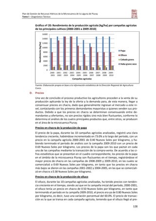 Plan de Gestión de Recursos Hídricos de la Microcuenca de la Laguna de Piuray
Tomo I – Diagnóstico Técnico
128
Gráfico nº 20: Rendimiento de la producción agrícola (kg/ha) por campañas agrícolas
de los principales cultivos (2000-2001 a 2009-2010)
Fuente: Elaboración propia en base a la información estadística de la Dirección Regional de Agricultura
Cusco.
D. Precios
Una vez de concluido el proceso productivo los agricultores proceden a la venta de su
producción aplicando la ley de la oferta y la demanda para, de esta manera, llegar a
consensuar precios en chacra, dado que generalmente ingresan al mercado a este ni-
vel, contactando con los primeros demandantes mayoristas a quienes venden sus pro-
ductos. Debido a que los precios en chacra se determinan consensuando entre de-
mandantes y ofertantes, no son precios rígidos sino más bien fluctuantes, conforme lo
determina el análisis de los cuatro principales productos que, entre otros, se producen
en el área de la microcuenca Piuray.
Precios en chacra de la producción de papa
El precio de la papa, durante las 10 campañas agrícolas analizadas, registró una clara
tendencia creciente, habiéndose incrementado en 73.0% a lo largo del período, con un
precio en la campaña agrícola 2000-2001 de 0.40 Nuevos Soles por kilogramo, y ha-
biendo terminado el período de análisis con la campaña 2009-2010 con un precio de
0.69 Nuevos Soles por kilogramo. Los precios de la papa son los que pactan en cada
una de las campañas mediante la transacción de la compra-venta. De acuerdo a las ci-
fras estadísticas que se presentan en el cuadro correspondiente, los precios de la papa
en el ámbito de la microcuenca Piuray son fluctuantes en el tiempo, registrándose el
mayor precio de chacra en las campañas de 2008-2009 y 2009-2010, en las cuales se
comercializó a 0.69 Nuevos Soles por kilogramo, en tanto que los precios en chacra
más bajos se dieron en las campañas 2001-2002 y 2004-2005, en las que se comerciali-
zó en chacra a 0.38 Nuevos Soles por kilogramo.
Precios en chacra de la producción de olluco
El olluco, durante las 10 campañas agrícolas analizadas, ha tenido precios con tenden-
cia creciente en el tiempo, siendo así que en la campaña inicial del período, 2000-2001,
el olluco tenía un precio en chacra de 0.50 Nuevos Soles por kilogramo, en tanto que
terminando el período en la campaña 2009-2010, el precio era ya de 0.80 Nuevos Soles
por kilogramo, es decir, tuvo una variación porcentual del 60.0%. El precio de transac-
ción es la que se transa en cada campaña agrícola, teniendo que el olluco llegó al pre-
0
2000
4000
6000
8000
10000
12000
14000
16000
2000 -
2001
2001 -
2002
2002 -
2003
2003 -
2004
2004 -
2005
2005 -
2006
2006 -
2007
2007 -
2008
2008 -
2009
2009 -
2010
Rendimiento(kg/ha)
Campañas agrícolas
Papa
Olluco
Cebada grano
Haba grano seco
 