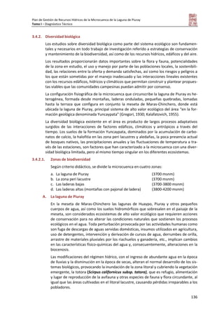 Plan de Gestión de Recursos Hídricos de la Microcuenca de la Laguna de Piuray
Tomo I – Diagnóstico Técnico
136
3.4.2. Diversidad biológica
Los estudios sobre diversidad biológica como parte del sistema ecológico son fundamen-
tales y necesarios en todo trabajo de investigación referido a estrategias de conservación
y mantenimiento de la biodiversidad, así como de los recursos hídricos, edáficos y del aire.
Los resultados proporcionarán datos importantes sobre la flora y fauna, potencialidades
de la zona en estudio, el uso y manejo por parte de las poblaciones locales, la sostenibili-
dad, las relaciones entre la oferta y demanda satisfechas, así como los riesgos y peligros a
los que están sometidas por el manejo inadecuado y las interacciones lineales existentes
con los recursos edáficos, hídricos y climáticos que permitan construir y plantear propues-
tas viables que las comunidades campesinas puedan admitir por consenso.
La configuración fisiográfica de la microcuenca que circunscribe la laguna de Piuray es he-
terogénea, formada desde montañas, laderas onduladas, pequeñas quebradas, lomadas
hasta la terraza que configura en conjunto la meseta de Maras-Chinchero, donde está
ubicada la laguna de Piuray, principal sistema de alto valor ecológico del área “en la for-
mación geológica denominada Yuncaypata” (Gregori, 1930; Kalafatovich, 1955).
La diversidad biológica existente en el área es producto de largos procesos adaptativos
surgidos de las interacciones de factores edáficos, climáticos y antrópicos a través del
tiempo. Los suelos de la formación Yuncaypata, dominados por la acumulación de carbo-
natos de calcio, la halofitia en las zona peri lacustres y aledañas, la poca presencia actual
de bosques nativos, las precipitaciones anuales y las fluctuaciones de temperatura a tra-
vés de las estaciones, son factores que han caracterizado a la microcuenca con una diver-
sidad biológica limitada, pero al mismo tiempo singular en los diferentes ecosistemas.
3.4.2.1. Zonas de biodiversidad
Según criterio didáctico, se divide la microcuenca en cuatro zonas:
a. La laguna de Piuray (3700 msnm)
b. La zona peri lacustre (3700 msnm)
c. Las laderas bajas (3700-3800 msnm)
d. Las laderas altas (montañas con pajonal de ladera) (3800-4200 msnm)
A. La laguna de Piuray
En la meseta de Maras-Chinchero las lagunas de Huaypo, Piuray y otros pequeños
cuerpos de agua, así como los suelos hidromórficos que sobresalen en el paisaje de la
meseta, son considerados ecosistemas de alto valor ecológico que requieren acciones
de conservación para no alterar las condiciones naturales que sostienen los procesos
ecológicos en el agua. Toda perturbación provocada por las actividades humanas como
son fuga de descargas de aguas servidas domésticas, insumos utilizados en agricultura,
uso de detergentes, intervención y derivación de cursos de agua, derrumbes de orilla,
arrastre de materiales pluviales por los riachuelos y ganadería, etc., implican cambios
en las características físico-químicas del agua y, consecuentemente, alteraciones en la
biocenosis.
Las modificaciones del régimen hídrico, con el ingreso de abundante agua en la época
de lluvias y la disminución en la época de secas, alteran el normal desarrollo de los sis-
temas biológicos, provocando la inundación de la zona litoral y cubriendo la vegetación
emergente, la totora (Scirpus californicus subsp. tatora), que es refugio, alimentación
y lugar de reproducción de la avifauna y otras especies de fauna y flora circundante, al
igual que las áreas cultivadas en el litoral lacustre, causando pérdidas irreparables a los
pobladores.
 