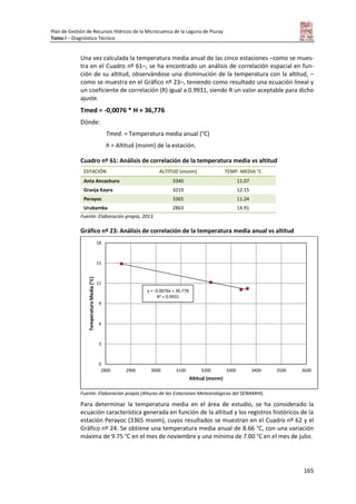 Plan de Gestión de Recursos Hídricos de la Microcuenca de la Laguna de Piuray
Tomo I – Diagnóstico Técnico
165
Una vez calculada la temperatura media anual de las cinco estaciones –como se mues-
tra en el Cuadro nº 61–, se ha encontrado un análisis de correlación espacial en fun-
ción de su altitud, observándose una disminución de la temperatura con la altitud, –
como se muestra en el Gráfico nº 23–, teniendo como resultado una ecuación lineal y
un coeficiente de correlación (R) igual a 0.9931, siendo R un valor aceptable para dicho
ajuste.
Tmed = -0,0076 * H + 36,776
Dónde:
Tmed. = Temperatura media anual (°C)
h = Altitud (msnm) de la estación.
Cuadro nº 61: Análisis de correlación de la temperatura media vs altitud
ESTACIÓN ALTITUD (msnm) TEMP. MEDIA °C
Anta Ancachuro 3340 11.07
Granja Kayra 3219 12.15
Perayoc 3365 11.24
Urubamba 2863 14.91
Fuente: Elaboración propia, 2013.
Gráfico nº 23: Análisis de correlación de la temperatura media anual vs altitud
Fuente: Elaboración propia (Alturas de las Estaciones Meteorológicas del SENAMHI).
Para determinar la temperatura media en el área de estudio, se ha considerado la
ecuación característica generada en función de la altitud y los registros históricos de la
estación Perayoc (3365 msnm), cuyos resultados se muestran en el Cuadro nº 62 y el
Gráfico nº 24. Se obtiene una temperatura media anual de 8.66 °C, con una variación
máxima de 9.75 °C en el mes de noviembre y una mínima de 7.00 °C en el mes de julio.
0
3
6
9
12
15
18
2800 2900 3000 3100 3200 3300 3400 3500 3600
TemperaturaMedia(°C)
Altitud (msnm)
y = -0.0076x + 36.778
R2 = 0.9931
 