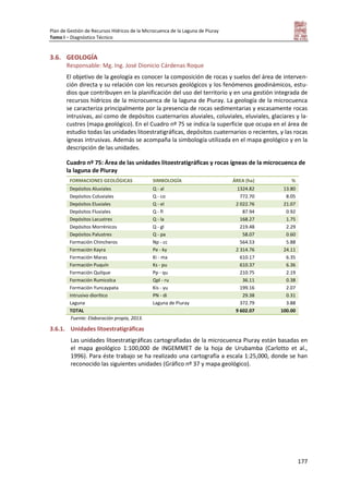 Plan de Gestión de Recursos Hídricos de la Microcuenca de la Laguna de Piuray
Tomo I – Diagnóstico Técnico
177
3.6. GEOLOGÍA
Responsable: Mg. Ing. José Dionicio Cárdenas Roque
El objetivo de la geología es conocer la composición de rocas y suelos del área de interven-
ción directa y su relación con los recursos geológicos y los fenómenos geodinámicos, estu-
dios que contribuyen en la planificación del uso del territorio y en una gestión integrada de
recursos hídricos de la microcuenca de la laguna de Piuray. La geología de la microcuenca
se caracteriza principalmente por la presencia de rocas sedimentarias y escasamente rocas
intrusivas, así como de depósitos cuaternarios aluviales, coluviales, eluviales, glaciares y la-
custres (mapa geológico). En el Cuadro nº 75 se indica la superficie que ocupa en el área de
estudio todas las unidades litoestratigráficas, depósitos cuaternarios o recientes, y las rocas
ígneas intrusivas. Además se acompaña la simbología utilizada en el mapa geológico y en la
descripción de las unidades.
Cuadro nº 75: Área de las unidades litoestratigráficas y rocas ígneas de la microcuenca de
la laguna de Piuray
FORMACIONES GEOLÓGICAS SIMBOLOGÍA ÁREA (ha) %
Depósitos Aluviales Q - al 1324.82 13.80
Depósitos Coluviales Q - co 772.70 8.05
Depósitos Eluviales Q - el 2 022.76 21.07
Depósitos Fluviales Q - fl 87.94 0.92
Depósitos Lacustres Q - la 168.27 1.75
Depósitos Morrénicos Q - gl 219.48 2.29
Depósitos Palustres Q - pa 58.07 0.60
Formación Chincheros Np - cc 564.53 5.88
Formación Kayra Pe - ky 2 314.76 24.11
Formación Maras Ki - ma 610.17 6.35
Formación Puquín Ks - pu 610.37 6.36
Formación Quilque Pp - qu 210.75 2.19
Formación Rumicolca Qpl - ru 36.11 0.38
Formación Yuncaypata Kis - yu 199.16 2.07
Intrusivo diorítico PN - di 29.38 0.31
Laguna Laguna de Piuray 372.79 3.88
TOTAL 9 602.07 100.00
Fuente: Elaboración propia, 2013.
3.6.1. Unidades litoestratigráficas
Las unidades litoestratigráficas cartografiadas de la microcuenca Piuray están basadas en
el mapa geológico 1:100,000 de INGEMMET de la hoja de Urubamba (Carlotto et al.,
1996). Para éste trabajo se ha realizado una cartografía a escala 1:25,000, donde se han
reconocido las siguientes unidades (Gráfico nº 37 y mapa geológico).
 