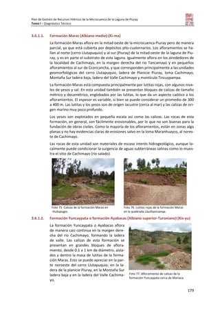 Plan de Gestión de Recursos Hídricos de la Microcuenca de la Laguna de Piuray
Tomo I – Diagnóstico Técnico
179
3.6.1.1. Formación Maras (Albiano medio) (Ki-ma)
La formación Maras aflora en la mitad oeste de la microcuenca Piuray pero de manera
parcial, ya que está cubierta por depósitos plio-cuaternarios. Los afloramientos se ha-
llan al norte (cerro Llutapuquio) y al sur (Piuray) de la mitad oeste de la laguna de Piu-
ray, y es en parte el substrato de esta laguna. Igualmente aflora en los alrededores de
la localidad de Cachimayo, en la margen derecha del río Tancamayo y en pequeños
afloramientos al sur de Ccoricancha, y que corresponden principalmente a las unidades
geomorfológicas del cerro Llutapuquio, ladera de Planicie Piuray, loma Cachimayo,
Montaña Sur ladera baja, ladera del Valle Cachimayo y montículo Tincuypampa.
La formación Maras está compuesta principalmente por lutitas rojas, con algunos nive-
les de yesos y sal. En esta unidad también se presentan bloques de calizas de tamaño
métrico y decamétrico, englobados por las lutitas, lo que da un aspecto caótico a los
afloramientos. El espesor es variable, si bien se puede considerar un promedio de 300
a 400 m. Las lutitas y los yesos son de origen lacustre (cerca al mar) y las calizas de ori-
gen marino muy poco profundo.
Los yesos son explotados en pequeña escala así como las calizas. Las rocas de esta
formación, en general, son fácilmente erosionables, por lo que no son buenas para la
fundación de obras civiles. Como la mayoría de los afloramientos, están en zonas algo
planas y no hay evidencias claras de erosiones salvo en la loma Maranhuayco, al nores-
te de Cachimayo.
Las rocas de esta unidad son materiales de escaso interés hidrogeológico, aunque lo-
calmente puede condicionar la surgencia de aguas subterráneas salinas como lo mues-
tra el sitio de Cachimayo (río salado).
Foto 75. Calizas de la formación Maras en
Huitapugio.
Foto 76. Lutitas rojas de la formación Maras
en la quebrada Llaulliyocsanqa.
3.6.1.2. Formación Yuncaypata o formación Ayabacas (Albiano superior-Turoniano) (Kis-yu)
La formación Yuncaypata o Ayabacas aflora
de manera casi continua en la margen dere-
cha del río Cachimayo, formando la ladera
de valle. Las calizas de esta formación se
presentan en grandes bloques de aflora-
miento, desde 0.1 a 1 km de diámetro, aisla-
dos y dentro la masa de lutitas de la forma-
ción Maras. Esto se puede apreciar en la par-
te noroeste del cerro Llutapuquio, en la la-
dera de la planicie Piuray, en la Montaña Sur
ladera baja y en la ladera del Valle Cachima-
yo.
Foto 77. Afloramiento de calizas de la
formación Yuncaypata cerca de Mariaca.
 
