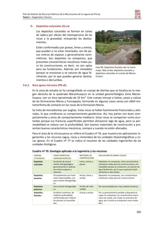 Plan de Gestión de Recursos Hídricos de la Microcuenca de la Laguna de Piuray
Tomo I – Diagnóstico Técnico
185
G. Depósitos coluviales (Q-co)
Los depósitos coluviales se forman en zonas
de ladera por efecto del intemperismo de las
rocas y la gravedad, incluyendo los desliza-
mientos.
Están conformados por gravas, limos y arenas,
que pueden o no estar mezclados; son de po-
cos metros de espesor y generalmente centi-
métricas. Son depósitos no compactos, que
presentan características mecánicas malas pa-
ra las construcciones; es decir, no son aptas
para las fundaciones. Además son inestables
porque se erosionan y se saturan de agua fá-
cilmente, por lo que pueden generar desliza-
mientos o derrumbes.
3.6.2. Roca ígnea intrusiva (PN-di)
En la zona de estudio se ha cartografiado un cuerpo de dioritas que se localiza en la mar-
gen derecha de la quebrada Maranhuaycco en la unidad geomorfológica loma Maran-
huayco, con un área aproximada de 33 km2
. Este cuerpo intruye a lutitas, yesos y calizas
de las formaciones Maras y Yuncaypata, formando en algunos casos zonas con débil me-
tamorfismo de contacto en las rocas de la formación Maras.
Se trata de microdioritas con augitas. Estas rocas se hallan fuertemente fracturadas y alte-
radas, lo que condiciona su comportamiento geotécnico. Así, hay partes con buen com-
portamiento y otras de comportamiento mediocre. Estas rocas se comportan como acui-
tardos porque sus fracturas superficiales permiten almacenar algo de agua, pero su per-
meabilidad se reduce con la profundidad. Son buenos materiales de construcción y pre-
sentan buenas características mecánicas, siempre y cuando no estén alterados.
Para el área de la microcuenca se refiere el Cuadro nº 76, que muestra las aplicaciones in-
genieriles y los recursos (agua, rocas y minerales) de las unidades litoestratigráficas y ro-
cas ígneas. En el Cuadro nº 77 se indica el resumen de las calidades ingenieriles de las
unidades litológicas.
Cuadro nº 76: Geología aplicada a la ingeniería y los recursos
UNIDAD
LITOLÓGICA
CARACTERÍSTICAS
HIDROGEOLÓGICAS
MATERIAL DE
CONSTRUCCIÓN
APLICACIÓN EN OBRAS CIVILES
Depósitos
coluviales
Acuitardo de escaso
interés hidrogeológico,
generalmente en laderas,
de mínimo espesor y
volumen.
Limos, arenas y
gravas
Depósitos no compactos, tiene características
mecánicas malas para las construcciones; son
inestables porque se erosionan y se saturan de
agua fácilmente, por lo que se generan desli-
zamientos o derrumbes.
Depósitos
lacustres
Principalmente son mate-
riales impermeables, con
poco interés hidrogeológi-
co.
Arenas, limos y
arcillas
Depósitos no compactos, con características
mecánicas malas para las construcciones.
Depósitos
palustres
Poco interés hidrogeológi-
co.
Arcillas de mala
calidad
No recomendable por mala calidad mecánica.
Depósitos
fluviales
Acuíferos continuos, de
mediana profundidad,
conformados por materia-
les porosos no consolida-
dos.
Gravas y arenas Por su granulometría variable y dispuesta en
capas no compactas, las características mecá-
nicas son malas, aún mayor en presencia de
agua, por lo tanto se comportan como inesta-
bles.
Foto 90. Depósitos fluviales del río Cachi-
mayo. Más arriba, depósitos aluviales y
depósitos coluviales al sureste de Maran-
huayco.
 