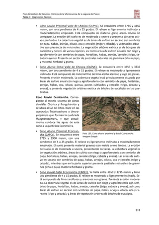 Plan de Gestión de Recursos Hídricos de la Microcuenca de la Laguna de Piuray
Tomo I – Diagnóstico Técnico
211
 Cono Aluvial Proximal Valle de Chosica (CAPVC). Se encuentra entre 3735 y 3850
msnm, con una pendiente de 4 a 25 grados. El relieve es ligeramente inclinado a
moderadamente empinado. Está compuesto de material gravo areno limoso no
compacto. La erosión del suelo es de moderada a severa y presenta cárcavas acti-
vas profundas. La cobertura vegetal es de áreas de cultivo en secano con sembríos
de papa, habas, arvejas, olluco, oca y cereales (trigo y cebada), y vegetación arbus-
tiva con presencia de matorrales. La vegetación arbórea exótica es de bosques de
eucalipto y nativos de varias especies, así como áreas de cultivo anuales con riego y
agroforestería con sembríos de papa, hortalizas, habas, arvejas, cereales (trigo, ce-
bada y avena). Presenta un sector de pastizales naturales de gramínea (ichu o paja),
y matorral herbazal y grama.
 Cono Aluvial Distal Valle de Chosica (CADVC). Se encuentra entre 3650 y 3735
msnm, con una pendiente de 4 a 15 grados. El relieve es moderado a ligeramente
inclinado. Está compuesto de material fino de limo arcillo arenoso y algo de gravas.
Presenta erosión moderada. La cobertura vegetal está principalmente ocupada por
áreas de cultivo anual con riego y agroforestería con sembríos de papa, hortalizas,
arvejas, habas, oca, olluco, quinua, pastos cultivados y cereales (trigo, cebada y
avena), y presenta vegetación arbórea exótica de árboles de eucalipto en las que-
bradas.
Cono Aluvial Ccoricancha. Corres-
ponde al mismo sistema de conos
aluviales Chosica y Pongobamba y
se ubica al sur de éstos. Nace en las
quebradas Tucuhuachana y Unura-
yocpampa que forman la quebrada
Huaynanccamayu, y que actual-
mente conduce las aguas de este
cono a la quebrada Ccorimarca.
 Cono Aluvial Proximal Ccorican-
cha (CAPCc). Se encuentra entre
3735 y 3900 msnm, con una
pendiente de 4 a 25 grados. El relieve es ligeramente inclinado a moderadamente
empinado. El suelo presenta material gravoso con matriz areno limoso. La erosión
del suelo es de moderada a severa, presentando cárcavas. La cobertura vegetal es
de vegetación arbórea, áreas de cultivo con riego y agroforestería con sembríos de
papa, hortalizas, habas, arvejas, cereales (trigo, cebada y avena). Las áreas de culti-
vo en secano son sembríos de papa, habas, arvejas, olluco, oca y cereales (trigo y
cebada), mientras que en la parte superior presenta pastizales naturales de gramí-
nea (ichu o paja), matorral herbazal y grama.
 Cono aluvial distal Ccoricancha (CADCc). Se halla entre 3650 y 3735 msnm y tiene
una pendiente de 4 a 15 grados. El relieve es moderado a ligeramente inclinado. Es-
tá compuesto de limos arcillosos y arenosos con gravas. Presenta erosión modera-
da. La cobertura vegetal es de áreas de cultivo con riego y agroforestería con sem-
bríos de papa, hortalizas, habas, arvejas, cereales (trigo, cebada y avena), así como
áreas de cultivo en secano con sembríos de papa, habas, arvejas, olluco, oca y ce-
reales (trigo y cebada), y áreas de vegetación arbórea de árboles de eucalipto.
Foto 135. Cono aluvial proximal y distal Ccoricancha.
Imagen Google.
 