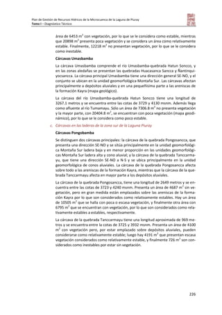 Plan de Gestión de Recursos Hídricos de la Microcuenca de la Laguna de Piuray
Tomo I – Diagnóstico Técnico
226
área de 6453 m2
con vegetación, por lo que se le considera como estable, mientras
que 20898 m2
presenta poca vegetación y se considera un área como relativamente
estable. Finalmente, 12218 m2
no presentan vegetación, por lo que se le considera
como inestable.
Cárcavas Umasbamba
La cárcava Umasbamba comprende el río Umasbamba-quebrada Hatun Soncco, y
en las zonas aledañas se presentan las quebradas Huacasanca Sancca y Ñantinqui-
yocsancca. La cárcava principal Umasbamba tiene una dirección general SE-NO, y el
conjunto se ubican en la unidad geomorfológica Montaña Sur. Las cárcavas afectan
principalmente a depósitos aluviales y en una pequeñísima parte a las areniscas de
la formación Kayra (mapa geológico).
La cárcava del río Umasbamba-quebrada Hatun Soncco tiene una longitud de
3267.1 metros y se encuentra entre las cotas de 3729 y 4130 msnm. Además llega
como afluente al río Tumamayu. Sólo un área de 7306.8 m2
no presenta vegetación
y la mayor parte, con 20404.8 m2
, se encuentran con poca vegetación (mapa geodi-
námico), por lo que se le considera como poco estable.
c. Cárcavas en las laderas de la zona sur de la Laguna Piuray
Cárcavas Pongobamba
Se distinguen dos cárcavas principales: la cárcava de la quebrada Pongosancca, que
presenta una dirección SE-NO y se sitúa principalmente en la unidad geomorfológi-
ca Montaña Sur ladera baja y en menor proporción en las unidades geomorfológi-
cas Montaña Sur ladera alta y cono aluvial; y la cárcava de la quebrada Tanccarma-
yu, que tiene una dirección SE-NO a N-S y se ubica principalmente en la unidad
geomorfológica de conos aluviales. La cárcava de la quebrada Pongosancca afecta
sobre todo a las areniscas de la formación Kayra, mientras que la cárcava de la que-
brada Tanccarmayu afecta en mayor parte a los depósitos aluviales.
La cárcava de la quebrada Pongosancca, tiene una longitud de 2649 metros y se en-
cuentra entre las cotas de 3723 y 4240 msnm. Presenta un área de 4687 m2
sin ve-
getación, pero en gran medida están emplazados sobre las areniscas de la forma-
ción Kayra por lo que son considerados como relativamente estables. Hay un área
de 10505 m2
que se halla con poca o escasa vegetación, y finalmente otra área con
6795 m2
que se encuentran con vegetación, por lo que son considerados como rela-
tivamente estables a estables, respectivamente.
La cárcava de la quebrada Tanccarmayu tiene una longitud aproximada de 969 me-
tros y se encuentra entre la cotas de 3725 y 3932 msnm. Presenta un área de 4100
m2
con vegetación pero, por estar emplazado sobre depósitos aluviales, pueden
considerarse como relativamente estable; luego hay 4191 m2
que presentan escasa
vegetación considerados como relativamente estable, y finalmente 726 m2
son con-
siderados como inestables por estar sin vegetación.
 
