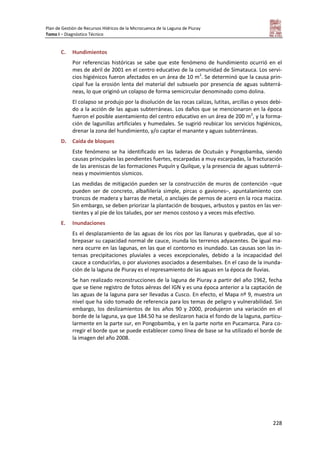 Plan de Gestión de Recursos Hídricos de la Microcuenca de la Laguna de Piuray
Tomo I – Diagnóstico Técnico
228
C. Hundimientos
Por referencias históricas se sabe que este fenómeno de hundimiento ocurrió en el
mes de abril de 2001 en el centro educativo de la comunidad de Simatauca. Los servi-
cios higiénicos fueron afectados en un área de 10 m2
. Se determinó que la causa prin-
cipal fue la erosión lenta del material del subsuelo por presencia de aguas subterrá-
neas, lo que originó un colapso de forma semicircular denominado como dolina.
El colapso se produjo por la disolución de las rocas calizas, lutitas, arcillas o yesos debi-
do a la acción de las aguas subterráneas. Los daños que se mencionaron en la época
fueron el posible asentamiento del centro educativo en un área de 200 m2
, y la forma-
ción de lagunillas artificiales y humedales. Se sugirió reubicar los servicios higiénicos,
drenar la zona del hundimiento, y/o captar el manante y aguas subterráneas.
D. Caída de bloques
Este fenómeno se ha identificado en las laderas de Ocutuán y Pongobamba, siendo
causas principales las pendientes fuertes, escarpadas a muy escarpadas, la fracturación
de las areniscas de las formaciones Puquín y Quilque, y la presencia de aguas subterrá-
neas y movimientos sísmicos.
Las medidas de mitigación pueden ser la construcción de muros de contención –que
pueden ser de concreto, albañilería simple, pircas o gaviones–, apuntalamiento con
troncos de madera y barras de metal, o anclajes de pernos de acero en la roca maciza.
Sin embargo, se deben priorizar la plantación de bosques, arbustos y pastos en las ver-
tientes y al pie de los taludes, por ser menos costoso y a veces más efectivo.
E. Inundaciones
Es el desplazamiento de las aguas de los ríos por las llanuras y quebradas, que al so-
brepasar su capacidad normal de cauce, inunda los terrenos adyacentes. De igual ma-
nera ocurre en las lagunas, en las que el contorno es inundado. Las causas son las in-
tensas precipitaciones pluviales a veces excepcionales, debido a la incapacidad del
cauce a conducirlas, o por aluviones asociados a desembalses. En el caso de la inunda-
ción de la laguna de Piuray es el represamiento de las aguas en la época de lluvias.
Se han realizado reconstrucciones de la laguna de Piuray a partir del año 1962, fecha
que se tiene registro de fotos aéreas del IGN y es una época anterior a la captación de
las aguas de la laguna para ser llevadas a Cusco. En efecto, el Mapa nº 9, muestra un
nivel que ha sido tomado de referencia para los temas de peligro y vulnerabilidad. Sin
embargo, los deslizamientos de los años 90 y 2000, produjeron una variación en el
borde de la laguna, ya que 184.50 ha se deslizaron hacia el fondo de la laguna, particu-
larmente en la parte sur, en Pongobamba, y en la parte norte en Pucamarca. Para co-
rregir el borde que se puede establecer como línea de base se ha utilizado el borde de
la imagen del año 2008.
 