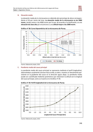 Plan de Gestión de Recursos Hídricos de la Microcuenca de la Laguna de Piuray
Tomo I – Diagnóstico Técnico
248
B. Elevación media
La elevación media de la microcuenca es obtenida del porcentaje de altura correspon-
diente al 50 por ciento del área. La elevación media de la microcuenca es de 3900
msnm, siendo menor a los 4000 msnm por lo que, de acuerdo a la clasificación, es una
elevación de clase alta por encontrarse a una altitud mayor a los 2000 msnm.
Gráfico nº 38: Curva hipsométrica de la microcuenca de Piuray
Fuente: Elaboración propia, 2013.
C. Pendiente media del cauce principal
La pendiente media del cauce principal se representa mediante el perfil longitudinal,
observándose usualmente cóncava hacia arriba, es decir, muestra un decaimiento per-
sistente en la gradiente del cauce en la dirección aguas abajo. La pendiente media
puede ser cuantificada mediante parámetros que relacionan la altitud con la longitud
del cauce principal, como se muestra en el Gráfico nº 39.
Gráfico nº 39: Perfil longitudinal de la microcuenca de Piuray
Fuente: Elaboración propia, 2013.
0
10
20
30
40
50
60
70
80
90
100
3550 3650 3750 3850 3950 4050 4150 4250 4350 4450
PorcentajedeÁrea(%)
Altitud sobre el nivel del mar (m.s.n.m.)
Por encima Por debajo
Altitud Media = 3900m
Altitud Máxima = 4400m
Altitud Mínima = 3600m
3500
3600
3700
3800
3900
4000
4100
4200
4300
0.0 1.0 2.0 3.0 4.0 5.0 6.0 7.0 8.0 9.0 10.0
Altitudsobreelniveldelmar(m.s.n.m)
Longitud del Cauce Principal (km)
 
