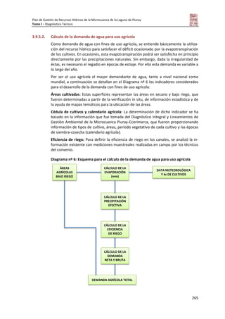 Plan de Gestión de Recursos Hídricos de la Microcuenca de la Laguna de Piuray
Tomo I – Diagnóstico Técnico
265
3.9.5.2. Cálculo de la demanda de agua para uso agrícola
Como demanda de agua con fines de uso agrícola, se entiende básicamente la utiliza-
ción del recurso hídrico para satisfacer el déficit ocasionado por la evapotranspiración
de los cultivos. En ocasiones, esta evapotranspiración podrá ser satisfecha en principio
directamente por las precipitaciones naturales. Sin embargo, dada la irregularidad de
éstas, es necesario el regadío en épocas de estiaje. Por ello esta demanda es variable a
lo largo del año.
Por ser el uso agrícola el mayor demandante de agua, tanto a nivel nacional como
mundial, a continuación se detallan en el Diagrama nº 6 los indicadores considerados
para el desarrollo de la demanda con fines de uso agrícola:
Áreas cultivadas: Estas superficies representan las áreas en secano y bajo riego, que
fueron determinadas a partir de la verificación in situ, de información estadística y de
la ayuda de mapas temáticos para la ubicación de las áreas.
Cédula de cultivos y calendario agrícola: La determinación de dicho indicador se ha
basado en la información que fue tomada del Diagnóstico Integral y Lineamientos de
Gestión Ambiental de la Microcuenca Piuray-Ccorimarca, que fueron proporcionando
información de tipos de cultivo, áreas, periodo vegetativo de cada cultivo y las épocas
de siembra-cosecha (calendario agrícola).
Eficiencia de riego: Para definir la eficiencia de riego en los canales, se analizó la in-
formación existente con mediciones muestreales realizadas en campo por los técnicos
del convenio.
Diagrama nº 6: Esquema para el cálculo de la demanda de agua para uso agrícola
DATA METEOROLÓGICA
Y kc DE CULTIVOS
CÁLCULO DE LA
EVAPORACIÓN
(mm)
CÁLCULO DE LA
PRECIPITACIÓN
EFECTIVA
CÁLCULO DE LA
EFICIENCIA
DE RIEGO
CÁLCULO DE LA
DEMANDA
NETA Y BRUTA
DEMANDA AGRÍCOLA TOTAL
ÁREAS
AGRÍCOLAS
BAJO RIEGO
 
