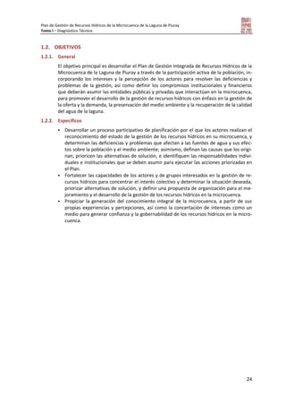 Plan de Gestión de Recursos Hídricos de la Microcuenca de la Laguna de Piuray
Tomo I – Diagnóstico Técnico
24
1.2. OBJETIVOS
1.2.1. General
El objetivo principal es desarrollar el Plan de Gestión Integrada de Recursos Hídricos de la
Microcuenca de la Laguna de Piuray a través de la participación activa de la población, in-
corporando los intereses y la percepción de los actores para resolver las deficiencias y
problemas de la gestión, así como definir los compromisos institucionales y financieros
que deberán asumir las entidades públicas y privadas que interactúan en la microcuenca,
para promover el desarrollo de la gestión de recursos hídricos con énfasis en la gestión de
la oferta y la demanda, la preservación del medio ambiente y la recuperación de la calidad
del agua de la laguna.
1.2.2. Específicos
 Desarrollar un proceso participativo de planificación por el que los actores realizan el
reconocimiento del estado de la gestión de los recursos hídricos en su microcuenca, y
determinan las deficiencias y problemas que afectan a las fuentes de agua y sus efec-
tos sobre la población y el medio ambiente; asimismo, definan las causas que los origi-
nan, prioricen las alternativas de solución, e identifiquen las responsabilidades indivi-
duales e institucionales que se deben asumir para ejecutar las acciones priorizadas en
el Plan.
 Fortalecer las capacidades de los actores y de grupos interesados en la gestión de re-
cursos hídricos para concentrar el interés colectivo y determinar la situación deseada,
priorizar alternativas de solución, y definir una propuesta de organización para el me-
joramiento y el desarrollo de la gestión de los recursos hídricos en la microcuenca.
 Propiciar la generación del conocimiento integral de la microcuenca, a partir de sus
propias experiencias y percepciones, así como la concertación de intereses como un
medio para generar confianza y la gobernabilidad de los recursos hídricos en la micro-
cuenca.
 