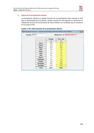 Plan de Gestión de Recursos Hídricos de la Microcuenca de la Laguna de Piuray
Tomo I – Diagnóstico Técnico
268
C. Cálculo de la precipitación efectiva
La precipitación efectiva es aquella fracción de la precipitación total mensual al 75%
que es aprovechada por las plantas. Desde el punto de vista agrícola se calculó por el
método de Servicio de Conservación de Suelo (USDA), con resultados que se muestran
en el Cuadro nº 95.
Cuadro nº 95: Determinación de la precipitación efectiva
 