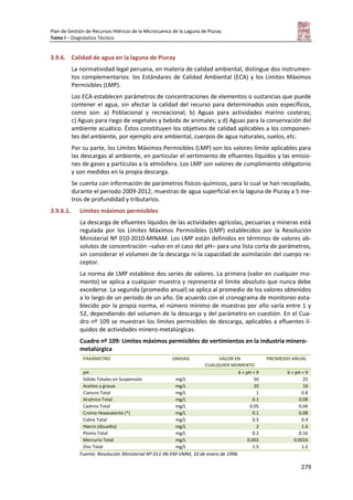 Plan de Gestión de Recursos Hídricos de la Microcuenca de la Laguna de Piuray
Tomo I – Diagnóstico Técnico
279
3.9.6. Calidad de agua en la laguna de Piuray
La normatividad legal peruana, en materia de calidad ambiental, distingue dos instrumen-
tos complementarios: los Estándares de Calidad Ambiental (ECA) y los Límites Máximos
Permisibles (LMP).
Los ECA establecen parámetros de concentraciones de elementos o sustancias que puede
contener el agua, sin afectar la calidad del recurso para determinados usos específicos,
como son: a) Poblacional y recreacional; b) Aguas para actividades marino costeras;
c) Aguas para riego de vegetales y bebida de animales; y d) Aguas para la conservación del
ambiente acuático. Éstos constituyen los objetivos de calidad aplicables a los componen-
tes del ambiente, por ejemplo aire ambiental, cuerpos de agua naturales, suelos, etc.
Por su parte, los Límites Máximos Permisibles (LMP) son los valores límite aplicables para
las descargas al ambiente, en particular el vertimiento de efluentes líquidos y las emisio-
nes de gases y partículas a la atmósfera. Los LMP son valores de cumplimiento obligatorio
y son medidos en la propia descarga.
Se cuenta con información de parámetros físicos-químicos, para lo cual se han recopilado,
durante el periodo 2009-2012, muestras de agua superficial en la laguna de Piuray a 5 me-
tros de profundidad y tributarios.
3.9.6.1. Límites máximos permisibles
La descarga de efluentes líquidos de las actividades agrícolas, pecuarias y mineras está
regulada por los Límites Máximos Permisibles (LMP) establecidos por la Resolución
Ministerial Nº 010-2010-MINAM. Los LMP están definidos en términos de valores ab-
solutos de concentración –salvo en el caso del pH– para una lista corta de parámetros,
sin considerar el volumen de la descarga ni la capacidad de asimilación del cuerpo re-
ceptor.
La norma de LMP establece dos series de valores. La primera (valor en cualquier mo-
mento) se aplica a cualquier muestra y representa el límite absoluto que nunca debe
excederse. La segunda (promedio anual) se aplica al promedio de los valores obtenidos
a lo largo de un período de un año. De acuerdo con el cronograma de monitoreo esta-
blecido por la propia norma, el número mínimo de muestras por año varía entre 1 y
52, dependiendo del volumen de la descarga y del parámetro en cuestión. En el Cua-
dro nº 109 se muestran los límites permisibles de descarga, aplicables a efluentes lí-
quidos de actividades minero-metalúrgicas.
Cuadro nº 109: Límites máximos permisibles de vertimientos en la industria minero-
metalúrgica
PARÁMETRO UNIDAD VALOR EN
CUALQUIER MOMENTO
PROMEDIO ANUAL
pH 6 < pH < 9 6 < pH < 9
Sólido Totales en Suspensión mg/L 50 25
Aceites y grasas mg/L 20 16
Cianuro Total mg/L 1 0.8
Arsénico Total mg/L 0.1 0.08
Cadmio Total mg/L 0.05 0.04
Cromo Hexavalente (*) mg/L 0.1 0.08
Cobre Total mg/L 0.5 0.4
Hierro (disuelto) mg/L 2 1.6
Plomo Total mg/L 0.2 0.16
Mercurio Total mg/L 0.002 0.0016
Zinc Total mg/L 1.5 1.2
Fuente: Resolución Ministerial Nº 011-96-EM-VMM, 10 de enero de 1996.
 