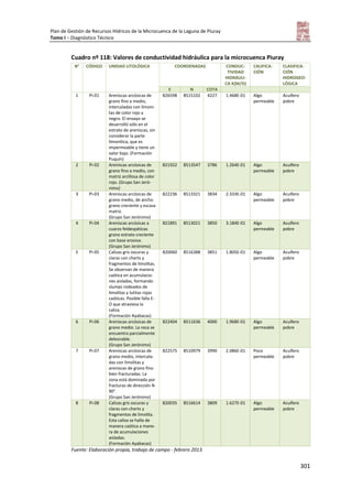 Plan de Gestión de Recursos Hídricos de la Microcuenca de la Laguna de Piuray
Tomo I – Diagnóstico Técnico
301
Cuadro nº 118: Valores de conductividad hidráulica para la microcuenca Piuray
N° CÓDIGO UNIDAD LITOLÓGICA COORDENADAS CONDUC-
TIVIDAD
HIDRÁULI-
CA K(M/D)
CALIFICA-
CIÓN
CLASIFICA-
CIÓN
HIDROGEO-
LÓGICA
E N COTA
1 Pi-01 Areniscas arcósicas de
grano fino a medio,
intercaladas con limoni-
tas de color rojo a
negro. El ensayo se
desarrolló sólo en el
estrato de areniscas, sin
considerar la parte
limonítica, que es
impermeable y tiene un
valor bajo. (Formación
Puquín)
826598 8515102 4227 1.468E-01 Algo
permeable
Acuífero
pobre
2 Pi-02 Areniscas arcósicas de
grano fino a medio, con
matriz arcillosa de color
rojo. (Grupo San Jeró-
nimo)
821922 8513547 3786 1.264E-01 Algo
permeable
Acuífero
pobre
3 Pi-03 Areniscas arcósicas de
grano medio, de ancho
grano creciente y escasa
matriz.
(Grupo San Jerónimo)
822236 8513321 3834 2.333E-01 Algo
permeable
Acuífero
pobre
4 Pi-04 Areniscas arcósicas a
cuarzo feldespáticas
grano estrato creciente
con base erosiva.
(Grupo San Jerónimo)
821891 8513021 3850 3.184E-01 Algo
permeable
Acuífero
pobre
5 Pi-05 Calizas gris oscuras y
claras con cherts y
fragmentos de limolitas.
Se observan de manera
caótica en acumulacio-
nes aisladas, formando
slumps rodeados de
limolitas y lutitas rojas
caóticas. Posible falla E-
O que atraviesa la
caliza.
(Formación Ayabacas)
820060 8516388 3851 1.805E-01 Algo
permeable
Acuífero
pobre
6 Pi-06 Areniscas arcósicas de
grano medio. La roca se
encuentra parcialmente
deleznable.
(Grupo San Jerónimo)
822404 8511636 4000 1.968E-01 Algo
permeable
Acuífero
pobre
7 Pi-07 Areniscas arcósicas de
grano medio, intercala-
das con limolitas y
areniscas de grano fino
bien fracturadas. La
zona está dominada por
fracturas de dirección N
90°.
(Grupo San Jerónimo)
822575 8510979 3990 2.086E-01 Poco
permeable
Acuífero
pobre
8 Pi-08 Calizas gris oscuras y
claras con cherts y
fragmentos de limolita.
Esta caliza se halla de
manera caótica a mane-
ra de acumulaciones
aisladas.
(Formación Ayabacas)
820035 8516614 3809 1.627E-01 Algo
permeable
Acuífero
pobre
Fuente: Elaboración propia, trabajo de campo - febrero 2013.
 