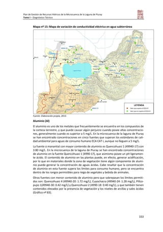 Plan de Gestión de Recursos Hídricos de la Microcuenca de la Laguna de Piuray
Tomo I – Diagnóstico Técnico
333
Mapa nº 15: Mapa de variación de conductividad eléctrica en agua subterránea
Fuente: Elaboración propia, 2013.
Aluminio (Al)
El aluminio es uno de los metales que frecuentemente se encuentra en los compuestos de
la corteza terrestre, y que puede causar algún perjuicio cuando posee altas concentracio-
nes, generalmente cuando es superior a 5 mg/L. En la microcuenca de la laguna de Piuray
se han encontrado concentraciones en cinco fuentes que superan los estándares de cali-
dad ambiental para aguas de consumo humano ECA CAT I, aunque no lleguen a 5 mg/L.
La fuente o manantial con mayor contenido de aluminio es Quencohuasi 1 (49940-17) con
3.80 mg/L. En la microcuenca de la laguna de Piuray se han encontrado concentraciones
de aluminio en la fuente Quencohuasi 1 (4990-17), que asimismo posee un pH ligeramen-
te ácido. El contenido de aluminio en las plantas puede, en efecto, generar acidificación,
por lo que en materiales donde la zona de vegetación tiene algún componente de alumi-
nio puede generar la concentración de aguas ácidas. Cabe resaltar que la concentración
de aluminio en esta fuente supera los límites para consumo humano, pero se encuentra
dentro de los rangos permisibles para riego de vegetales y bebida de animales.
Otras fuentes con menor contenido de aluminio pero que sobrepasan los límites permiti-
dos son: Quencohuasi 4 (49940-20: 1.72 mg/L), Cuyochacra (49940-24: 1.28 mg/L), Pillco-
pujio 1(49940-30: 0.42 mg/L) y Quencohuasi 2 (4990-18: 0.40 mg/L), y que también tienen
contenidos elevados por la presencia de vegetación y los niveles de arcillas y sales ácidas
(Gráfico nº 83).
 