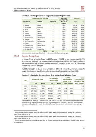 Plan de Gestión de Recursos Hídricos de la Microcuenca de la Laguna de Piuray
Tomo I – Diagnóstico Técnico
55
Cuadro nº 2: Datos generales de las provincias de la Región Cusco
CONFIGURACIÓN POLÍTICA ALTITUD
DE LA CAPITAL
POLÍTICA
(msnm)
SUPERFICIE
PROVINCIAS CAPITAL DISTRITOS km
2
%
1. Cusco Cusco 8 3399 530.18 0.74
2. Acomayo Acomayo 7 3221 932.86 1.29
3. Anta Anta 9 3345 1943.76 2.70
4. Calca Calca 8 2925 3539.48 4.91
5. Canas Yanaoca 8 3913 2087.44 2.90
6. Canchis Sicuani 8 3552 3962.07 5.50
7. Chumbivilcas Santo Tomás 8 3481 5355.93 7.43
8. Espinar Yauri 8 2927 5249.85 7.28
9. La Convención Quillabamba 10 1050 31882.38 44.23
10. Paruro Paruro 9 3068 1970.18 2.73
11. Paucartambo Paucartambo 6 2906 5799.47 8.05
12. Quispicanchi Urcos 12 3158 7375.22 10.23
13. Urubamba Urubamba 7 2869 1447.32 2.01
TOTAL 108 - 72076.14 100.00
Fuente: Instituto Nacional de Estadística e Informática-INEI. Elaboración propia.
2.4.1.4. Aspectos demográficos
La población de la Región Cusco en 2007 era de 1171403, lo que representa el 4.27%
de población nacional, con una densidad poblacional del 16.29%. El 55.04% de la po-
blación es urbana y el 44.96% rural lo que muestra, respecto al año 1993, el cambio del
predominio rural de la región.
A 20136
, la región de Cusco tiene un total de 1292175 habitantes, manteniéndose la
proporcionalidad de la población urbana respecto a la población rural de 2007.
Cuadro nº 3: Evolución del crecimiento de la población de la Región Cusco
AÑO
POBLACIÓN TOTAL
INCREMENTO
INTERCENSAL
TASA DE
CRECIMIENTO
INTERCENSAL
% DE
PARTICIPACIÓN
DE LA REGIÓN A
NIVEL DEL PAÍSPaís Región País Región País Región
1972 14121564 751460 5.32
1981 17762231 874463 3640667 123003 2.58 1.70 4.92
1993 22048356 1028763 4286125 15400 1.82 1.36 4.67
2007 27412152 1171403 5363801 142640 1.57 0.93 4.27
2013
7
30475144 1292175 3062992 120772 4.24
2028
8
36435584 1400616 5960440 108441 3.84
Fuente: Censos de población y vivienda 1972, 1981, 1993 y 2007-INEI. Perú: Estimaciones y proyecciones
de población por sexo, según departamentos, provincias y distrito, 2000-2015. Boletín N° 18. Análisis de
estimación de la población a través de análisis diferencial de crecimiento urbano-rural (elaboración pro-
pia).
6
Perú: Estimaciones y proyecciones de población por sexo, según departamentos, provincias y distrito,
2000-2015. Boletín N° 18.
7
Perú: Estimaciones y proyecciones de población por sexo, según departamentos, provincias y distrito,
2000-2015. Boletín N° 18.
8
Análisis de estimación de la población a través de análisis diferencial de crecimiento urbano-rural (elabo-
ración propia).
 