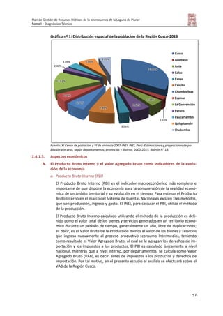 Plan de Gestión de Recursos Hídricos de la Microcuenca de la Laguna de Piuray
Tomo I – Diagnóstico Técnico
57
Gráfico nº 1: Distribución espacial de la población de la Región Cusco-2013
Fuente: XI Censo de población y VI de vivienda 2007-INEI. INEI, Perú: Estimaciones y proyecciones de po-
blación por sexo, según departamentos, provincias y distrito, 2000-2015. Boletín N° 18.
2.4.1.5. Aspectos económicos
A. El Producto Bruto Interno y el Valor Agregado Bruto como indicadores de la evolu-
ción de la economía
a. Producto Bruto Interno (PBI)
El Producto Bruto Interno (PBI) es el indicador macroeconómico más completo e
importante de que dispone la economía para la comprensión de la realidad econó-
mica de un ámbito territorial y su evolución en el tiempo. Para estimar el Producto
Bruto Interno en el marco del Sistema de Cuentas Nacionales existen tres métodos,
que son producción, ingreso y gasto. El INEI, para calcular el PBI, utiliza el método
de la producción.
El Producto Bruto Interno calculado utilizando el método de la producción es defi-
nido como el valor total de los bienes y servicios generados en un territorio econó-
mico durante un período de tiempo, generalmente un año, libre de duplicaciones;
es decir, es el Valor Bruto de la Producción menos el valor de los bienes y servicios
que ingresa nuevamente al proceso productivo (consumo Intermedio), teniendo
como resultado el Valor Agregado Bruto, al cual se le agregan los derechos de im-
portación y los impuestos a los productos. El PBI es calculado únicamente a nivel
nacional, mientras que a nivel interno, por departamentos, se calcula como Valor
Agregado Bruto (VAB), es decir, antes de impuestos a los productos y derechos de
importación. Por tal motivo, en el presente estudio el análisis se efectuará sobre el
VAB de la Región Cusco.
33.45%
2.16%
4.38%
5.62%
3.06%
7.89%
6.31%
5.28%
13.81%
2.40%
3.89% 6.86%
4.89%
Cusco
Acomayo
Anta
Calca
Canas
Canchis
Chumbivilcas
Espinar
La Convención
Paruro
Paucartambo
Quispicanchi
Urubamba
 