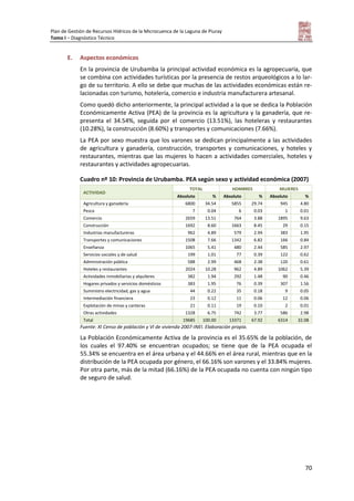 Plan de Gestión de Recursos Hídricos de la Microcuenca de la Laguna de Piuray
Tomo I – Diagnóstico Técnico
70
E. Aspectos económicos
En la provincia de Urubamba la principal actividad económica es la agropecuaria, que
se combina con actividades turísticas por la presencia de restos arqueológicos a lo lar-
go de su territorio. A ello se debe que muchas de las actividades económicas están re-
lacionadas con turismo, hotelería, comercio e industria manufacturera artesanal.
Como quedó dicho anteriormente, la principal actividad a la que se dedica la Población
Económicamente Activa (PEA) de la provincia es la agricultura y la ganadería, que re-
presenta el 34.54%, seguida por el comercio (13.51%), las hoteleras y restaurantes
(10.28%), la construcción (8.60%) y transportes y comunicaciones (7.66%).
La PEA por sexo muestra que los varones se dedican principalmente a las actividades
de agricultura y ganadería, construcción, transportes y comunicaciones, y hoteles y
restaurantes, mientras que las mujeres lo hacen a actividades comerciales, hoteles y
restaurantes y actividades agropecuarias.
Cuadro nº 10: Provincia de Urubamba. PEA según sexo y actividad económica (2007)
ACTIVIDAD
TOTAL HOMBRES MUJERES
Absoluto % Absoluto % Absoluto %
Agricultura y ganadería 6800 34.54 5855 29.74 945 4.80
Pesca 7 0.04 6 0.03 1 0.01
Comercio 2659 13.51 764 3.88 1895 9.63
Construcción 1692 8.60 1663 8.45 29 0.15
Industrias manufactureras 962 4.89 579 2.94 383 1.95
Transportes y comunicaciones 1508 7.66 1342 6.82 166 0.84
Enseñanza 1065 5.41 480 2.44 585 2.97
Servicios sociales y de salud 199 1.01 77 0.39 122 0.62
Administración pública 588 2.99 468 2.38 120 0.61
Hoteles y restaurantes 2024 10.28 962 4.89 1062 5.39
Actividades inmobiliarias y alquileres 382 1.94 292 1.48 90 0.46
Hogares privados y servicios domésticos 383 1.95 76 0.39 307 1.56
Suministro electricidad, gas y agua 44 0.22 35 0.18 9 0.05
Intermediación financiera 23 0.12 11 0.06 12 0.06
Explotación de minas y canteras 21 0.11 19 0.10 2 0.01
Otras actividades 1328 6.75 742 3.77 586 2.98
Total 19685 100.00 13371 67.92 6314 32.08
Fuente: XI Censo de población y VI de vivienda 2007-INEI. Elaboración propia.
La Población Económicamente Activa de la provincia es el 35.65% de la población, de
los cuales el 97.40% se encuentran ocupados; se tiene que de la PEA ocupada el
55.34% se encuentra en el área urbana y el 44.66% en el área rural, mientras que en la
distribución de la PEA ocupada por género, el 66.16% son varones y el 33.84% mujeres.
Por otra parte, más de la mitad (66.16%) de la PEA ocupada no cuenta con ningún tipo
de seguro de salud.
 