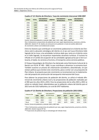 Plan de Gestión de Recursos Hídricos de la Microcuenca de la Laguna de Piuray
Tomo I – Diagnóstico Técnico
74
Cuadro nº 12: Distrito de Chinchero. Tasas de crecimiento intercensal 1940-2007
CENSO TOTAL
CRECIMIENTO
INTERCENSAL
URBANA
CRECIMIENTO
INTERCENSAL
RURAL
CRECIMIENTO
INTERCENSAL
1940 5790 - 659 5131 -
1961 6409 0.51 692 0.24 5717 0.54
1972 7180 1.04 1219 5.28 5961 0.38
1981 7845 0.99 1075 -1.39 6770 1.42
1993 9146 1.29 1991 5.27 7155 0.46
2007 9422 0.21 2664 2.1 6758 -0.41
2013 9868 0.77 3101 2.56 6767 0.02
2028 9843 -0.02 3944 1.62 5899 -0.91
Fuente: Censos de población y vivienda 1940, 1961, 1972, 1981, 1993 y 2007-INEI.
Perú: Estimaciones y proyecciones de población por sexo, según departamentos, provincias y distrito,
2000-2015. Boletín N° 18. Análisis de estimación de la población a través de análisis diferencial
de crecimiento urbano-rural (elaboración propia).
Entre los factores que contribuyen al crecimiento poblacional en el distrito de Chin-
chero está la ubicación estratégica del distrito en el eje vial Cusco-Chinchero-Valle
Sagrado de los Incas, y las actividades turísticas dado que, tanto en el distrito como
en el Valle Sagrado, se encuentran importantes atractivos turísticos. El turismo ha
influido en el cambio de ocupación de las actividades agropecuarias por el de la ar-
tesanía, el tejido, los servicios al turismo, el transporte y otros servicios públicos.
El Parque Arqueológico de Chinchero fue declarado como Patrimonio Cultural de la
Nación con R.D.N. N° 405 - 2002, lo que contribuye a dinamizar la economía local.
También ocasiona un proceso de urbanización ascendente y desordenado, sin que
existan políticas que orienten este crecimiento, pese a contar con una propuesta de
Plan Urbano. Se proyecta que este crecimiento se incrementará con la implementa-
ción del proyecto de construcción del aeropuerto internacional del Cusco.
Para obtener las proyecciones de población del distrito, se utilizó el método dife-
rencial de crecimiento urbano-rural y las proyecciones de población realizadas por
el INEI para los años 2013 a 2015. Para las proyecciones de los años 2021 y 2031 se
utilizó en método lineal, obteniéndose que la población urbana del distrito para el
2013 sería de 3101 habitantes y la rural de 6767 habitantes.
Cuadro nº 13: Distrito de Chinchero. Proyecciones de población (2013-2031)
POBLACIÓN
CENSO CRECIMIENTO
INTERCENSAL
POBLACIÓN PROYECTADA
1993 2007 2013* 2014* 2015* 2021** 2031**
Total 9146 9422 0.21 9868 9818 9763 9702 9903
Urbana 1991 2664 2.10 3101 3139 3174 3483 4145
Rural 7155 6758 -0.41 6767 6679 6589 6219 5758
Fuente: Censos de población y vivienda 1993 y 2007-INEI.
* Perú: Estimaciones y proyecciones de población por sexo, según departamentos, provincia y distrito,
2000-2015. Boletín Especial Nº 18.
** Proyecciones de población bajo la metodología del método lineal.
 