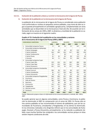 Plan de Gestión de Recursos Hídricos de la Microcuenca de la Laguna de Piuray
Tomo I – Diagnóstico Técnico
88
3.2.3.1. Evolución de la población urbana y rural de la microcuenca de la laguna de Piuray
A. Evolución de la población en la microcuenca de la laguna de Piuray
La población de la microcuenca de la laguna de Piuray es considerada como población
rural conformada en núcleos en pequeños centros poblados, cuya mano de obra se si-
gue ocupando principalmente en actividades agropecuarias, complementada con otras
actividades que se desarrollan en la microcuenca o fuera de ella. De acuerdo con la in-
formación de los censos de 1993 y 2007, la dinámica y movilidad de la población es va-
riada, según se muestra en el siguiente cuadro:
Cuadro nº 21: Evolución de la población en las comunidades y sectores
de la microcuenca de la laguna de Piuray (1993 y 2007)
COMUNIDAD CAMPESINA VARONES MUJERES POBLACIÓN TOTAL
1993 2007 1993 2007 1993 2007
1. Comunidad campesina Taucca 77 68 70 72 147 140
2. Comunidad campesina Ayllopongo
 Sector Huitapugio 64 44 69 40 133 84
 Sector Huilahuila 144 109 136 127 280 236
 Sector Tambocancha 35 30 65 0
 Sector Piuray 61 45 64 38 125 83
 Ocutuán 99 71 101 70 200 141
3. Comunidad campesina Cuper
 Sector Cuper Alto 139 126 141 140 280 266
 Sector Cuper Bajo 152 123 144 151 296 274
 Sector Pucamarca 101 110 95 137 196 247
4. Comunidad campesina Umasbamba
 Sector Ccorccor 106 96 121 98 227 194
 Sector Umasbamba 81 127 120 160 201 287
 Sector Ichucancha 44 12 51 10 95 22
5. Comunidad campesina Pongobamba 268 290 225 258 493 548
6. Ccorimarca 147 157 134 136 281 293
7. Valle de Chosica 180 194 202 195 382 389
8. Ayarmaca 77 80 98 91 175 171
9. Ccoricancha 142 151 128 141 270 292
10. Tangabamba 117 70 103 71 220 141
11. Villa del Carmen 64 88 81 73 145 161
12. Simatauca 128 129 154 119 282 248
Total 2226 2090 2267 2127 4493 4217
Fuente: Elaboración propia en base a la información de los censos de población y vivienda, INEI. 1993 y
2007.
Se puede apreciar que en algunas comunidades, como Piuray y Ccorimarca, la pobla-
ción ha disminuido al 2007 en comparación con el censo de 1993. En Piuray sólo en
tres centros poblados se han incrementado el número de pobladores, que son las co-
munidades de Pucamarca, Umasbamba y Pongobamba; en las demás ha disminuido.
En las entrevistas realizadas a los dirigentes refieren que en las comunidades de Huita-
pugio, Ocutuán y Piuray Ichucancha, principalmente, se ha reducido su población de-
bido a que muchas familias han emigrado a las comunidades vecinas porque en éstas
existen mejores condiciones de vida.
 