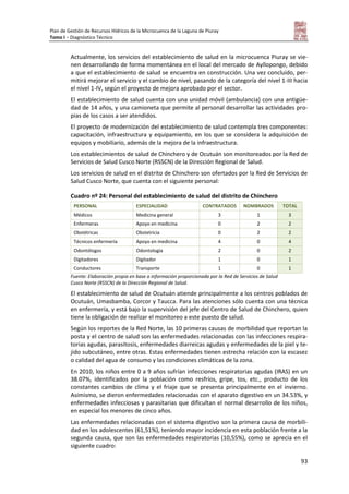 Plan de Gestión de Recursos Hídricos de la Microcuenca de la Laguna de Piuray
Tomo I – Diagnóstico Técnico
93
Actualmente, los servicios del establecimiento de salud en la microcuenca Piuray se vie-
nen desarrollando de forma momentánea en el local del mercado de Ayllopongo, debido
a que el establecimiento de salud se encuentra en construcción. Una vez concluido, per-
mitirá mejorar el servicio y el cambio de nivel, pasando de la categoría del nivel 1-III hacia
el nivel 1-IV, según el proyecto de mejora aprobado por el sector.
El establecimiento de salud cuenta con una unidad móvil (ambulancia) con una antigüe-
dad de 14 años, y una camioneta que permite al personal desarrollar las actividades pro-
pias de los casos a ser atendidos.
El proyecto de modernización del establecimiento de salud contempla tres componentes:
capacitación, infraestructura y equipamiento, en los que se considera la adquisición de
equipos y mobiliario, además de la mejora de la infraestructura.
Los establecimientos de salud de Chinchero y de Ocutuán son monitoreados por la Red de
Servicios de Salud Cusco Norte (RSSCN) de la Dirección Regional de Salud.
Los servicios de salud en el distrito de Chinchero son ofertados por la Red de Servicios de
Salud Cusco Norte, que cuenta con el siguiente personal:
Cuadro nº 24: Personal del establecimiento de salud del distrito de Chinchero
PERSONAL ESPECIALIDAD CONTRATADOS NOMBRADOS TOTAL
Médicos Medicina general 3 1 3
Enfermeras Apoyo en medicina 0 2 2
Obstétricas Obstetricia 0 2 2
Técnicos enfermería Apoyo en medicina 4 0 4
Odontólogos Odontología 2 0 2
Digitadores Digitador 1 0 1
Conductores Transporte 1 0 1
Fuente: Elaboración propia en base a información proporcionada por la Red de Servicios de Salud
Cusco Norte (RSSCN) de la Dirección Regional de Salud.
El establecimiento de salud de Ocutuán atiende principalmente a los centros poblados de
Ocutuán, Umasbamba, Corcor y Taucca. Para las atenciones sólo cuenta con una técnica
en enfermería, y está bajo la supervisión del jefe del Centro de Salud de Chinchero, quien
tiene la obligación de realizar el monitoreo a este puesto de salud.
Según los reportes de la Red Norte, las 10 primeras causas de morbilidad que reportan la
posta y el centro de salud son las enfermedades relacionadas con las infecciones respira-
torias agudas, parasitosis, enfermedades diarreicas agudas y enfermedades de la piel y te-
jido subcutáneo, entre otras. Estas enfermedades tienen estrecha relación con la escasez
o calidad del agua de consumo y las condiciones climáticas de la zona.
En 2010, los niños entre 0 a 9 años sufrían infecciones respiratorias agudas (IRAS) en un
38.07%, identificados por la población como resfríos, gripe, tos, etc., producto de los
constantes cambios de clima y el friaje que se presenta principalmente en el invierno.
Asimismo, se dieron enfermedades relacionadas con el aparato digestivo en un 34.53%, y
enfermedades infecciosas y parasitarias que dificultan el normal desarrollo de los niños,
en especial los menores de cinco años.
Las enfermedades relacionadas con el sistema digestivo son la primera causa de morbili-
dad en los adolescentes (61,51%), teniendo mayor incidencia en esta población frente a la
segunda causa, que son las enfermedades respiratorias (10,55%), como se aprecia en el
siguiente cuadro:
 