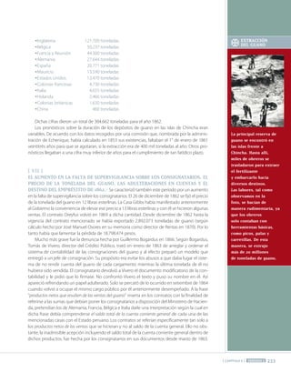 223
[ CAPÍTULO 5 ] PERÍODO 2
la principal reserva de
guano se encontró en
las islas frente a
chincha. Hasta allí,
miles de obreros se
trasladaron para extraer
el fertilizante
y embarcarlo hacia
diversos destinos.
las labores, tal como
observamos en la
foto, se hacían de
manera rudimentaria, ya
que los obreros
solo contaban con
herramientas básicas,
como picos, palas y
carretillas. De esta
manera, se extrajo
más de 20 millones
de toneladas de guano.
Inglaterra 121.709 toneladas
Bélgica 50.237 toneladas
Francia y Reunión 44.300 toneladas
Alemania 27.644 toneladas
España 20.771 toneladas
Mauricio 13.590 toneladas
Estados Unidos 12.470 toneladas
Colonias francesas 4.730 toneladas
Italia 4.655 toneladas
Holanda 2.466 toneladas
Colonias británicas 1.630 toneladas
China 460 toneladas
Dichas cifras dieron un total de 304.662 toneladas para el año 1862.
Los pronósticos sobre la duración de los depósitos de guano en las islas de Chincha eran
variables. De acuerdo con los datos recogidos por una comisión que, nombrada por la adminis-
tración de Echenique, había calculado en 1853 sus existencias, faltaban el 1° de enero de 1861
veintitrés años para que se agotaran, si la extracción era de 400 mil toneladas al año. Otros pro-
nósticos llegaban a una cifra muy inferior de años para el cumplimiento de tan fatídico plazo.
[ VII ]
El auMENto EN la Falta DE SupERVIGIlaNcIa SoBRE loS coNSIGNataRIoS. El
pREcIo DE la toNElaDa DEl GuaNo. laS aDultERacIoNES EN cuENtaS Y El
DEStINo DEl EMpRéStIto DE 1862.- Se caracterizó también este período por un aumento
en la falta de supervigilancia sobre los consignatarios. El 26 de diciembre de 1862 se fijó el precio
de la tonelada del guano en 12 libras esterlinas. La Casa Gibbs había manifestado anteriormente
al Gobierno la conveniencia de elevar ese precio a 13 libras esterlinas y con él se hicieron algunas
ventas. El contrato Dreyfus volvió en 1869 a dicha cantidad. Desde diciembre de 1862 hasta la
vigencia del contrato mencionado se había exportado 2.892.073 toneladas de guano (según
cálculo hecho por José Manuel Osores en su memoria como director de Rentas en 1870). Por lo
tanto había que lamentar la pérdida de 18.798.474 pesos.
Mucho más grave fue la denuncia hecha por Guillermo Bogardus en 1866. Según Bogardus,
Tomás de Vivero, director del Crédito Público, trató en enero de 1863 de arreglar y ordenar el
sistema de contabilidad de las consignaciones del guano y al efecto preparó un modelo que
entregó a un jefe de consignación. Su propósito era evitar los abusos a que daba lugar el siste-
ma de no rendir cuenta del guano de cada cargamento mientras la última tonelada de él no
hubiera sido vendida. El consignatario devolvió a Vivero el documento modificatorio de la con-
tabilidad y le pidió que lo firmase. No confrontó Vivero el texto y puso su nombre en él. Así
apareció refrendando un papel adulterado. Solo se percató de lo ocurrido en setiembre de 1864
cuando volvió a ocupar el mismo cargo público por él anteriormente desempeñado. A la frase
"productos netos que resulten de las ventas del guano" inserta en los contratos con la finalidad de
referirse a las sumas que debían poner los consignatarios a disposición del Ministerio de Hacien-
da, pretendían los de Alemania, Francia, Bélgica e Italia darle una interpretación según la cual en
dicha frase debía comprenderse el saldo total de la cuenta corriente general de cada una de las
mencionadas casas con el Estado peruano. Los contratos se referían específicamente tan solo a
los productos netos de las ventas que se hicieran y no al saldo de la cuenta general. Ello no obs-
tante, la inadmisible acepción incluyendo el saldo total de la cuenta corriente general dentro de
dichos productos, fue hecha por los consignatarios en sus documentos desde marzo de 1863.
EXtRaccIÓN
DEl GuaNo
 