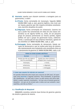 Juliano Taveira Bernardes e Olavo Augusto Vianna Alves Ferreira
40
B)	 Anormais: aquelas que visavam somente a vantagens para os
governantes, a saber:
B.1)	Tirania: forma corrompida de monarquia. Segundo MARIA
HELENA DINIZ (1998, p. 565), governo legítimo, mas cruel, por
ser injusto; governo que não respeita princípios constitucio-
nais; exercício despótico do poder.
B.2)	Oligarquia: forma corrompida de aristocracia. Governo em
que o poder fica concentrado em mãos de uma classe aris-
tocrática ou de alguma família ou, ainda, de um pequeno
grupo de pessoas pertencente ao mesmo partido; regime
político em que o grupo do governante busca, arbitraria-
mente, a consecução de seus próprios interesses, agindo em
seu benefício (cf. MARIA HELENA DINIZ, 1998, p. 436).
B.3)	Demagogia: forma corrompida de democracia. Estado cor-
rupto da democracia e que se realiza pela força do número,
não representando nem traduzindo uma convivência cívica ou
o pensamento do governo (cf. MARIA HELENA DINIZ, 1998, p. 50).
FORMAS DE ESTADO SEGUNDO ARISTÓTELES
Normais Anormais
aquelas que têm por objeto o
bem da comunidade;
aquelas que visam somente a
vantagens para os governantes;
monarquia; → tirania;
aristocracia; → oligarquia;
democracia. → demagogia.
 Como esse assunto foi cobrado em concurso?
Em questão elaborada pelo Cespe para concurso do TJPI (2007), foi apon-
tada como incorreta a seguinte assertiva: “Para Aristóteles, os governos
são republicanos – no qual todo o povo, ou pelo menos uma parte dele,
detém o poder supremo; monárquico – em que uma só pessoa governa;
despótico – em que um só arrasta tudo e todos com sua vontade e seus
caprichos, sem leis ou freios.”
6.2. Classificação de Maquiavel
MAQUIAVEL concebeu somente duas formas de governo: governo
da minoria e governo da maioria.
 