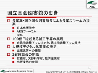 国立国会図書館の動き
 長尾真・国立国会図書館長による長尾スキームの提
  案
  日本出版学会
  ARGフォーラム
   ほか
 100億円を超える補正予算の実現
  自民党政権下での決定と、民主党政権下での維持
 大規模デジタル化事業の発足
  出版業界への衝撃
 3省懇談会の開始
  総務省、文部科学省、経済産業省
  出版業界の参画
                                                       14

              Copyright アカデミック・リソース・ガイド株式会社 All Rights Reserved.
 