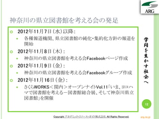 学
問
を
生
か
す
社
会
へ
Copyright アカデミック・リソース・ガイド株式会社 All Rights Reserved. arg.ne.jp
神奈川の県立図書館を考える会の発足
学
問
を
生
か
す
社
会
へ
12
 2012年11月7日（水）以降：
 各種報道機関、県立図書館の純化・集約化方針の報道を
開始
 2012年11月8日（木）：
 神奈川の県立図書館を考える会Facebookページ作成
 2012年11月9日（金）：
 神奈川の県立図書館を考える会Facebookグループ作成
 2012年11月16日（金）：
 さくらWORKS＜関内＞オープンナイトVol.11「いま、ヨコハ
マで図書館を考える－図書館総合展、そして神奈川県立
図書館」を開催
Copyright アカデミック・リソース・ガイド株式会社 All Rights Reserved. arg.ne.jp
 