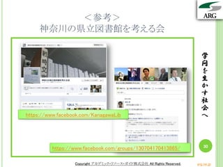 学
問
を
生
か
す
社
会
へ
Copyright アカデミック・リソース・ガイド株式会社 All Rights Reserved. arg.ne.jp
＜参考＞
神奈川の県立図書館を考える会
学
問
を
生
か
す
社
会
へ
30
Copyright アカデミック・リソース・ガイド株式会社 All Rights Reserved. arg.ne.jp
https://www.facebook.com/groups/130704170413865/
https://www.facebook.com/KanagawaLib
 