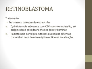 RETINOBLASTOMA
Tratamento
• Tratamento da extensão extraocular
a. Quimioterapia adjuvante com CEV após a enucleação, se
disseminação coroideana maciça ou retrolaminar.
b. Radioterapia por feixes externos quando há extensão
tumoral no coto do nervo óptico obtido na enucleação.
 
