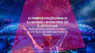 AS PRINCIPAIS ATRAÇÕES FORAM OS
DJs NACIONAIS E INTERNACIONAIS QUE
SE APRESENTARAM.
MAIS DE 160 ARTISTAS DIVERTIRAM A MULTIDÃO EM
DIVERSOS PALCOS, QUE TAMBÉM FORAM MENCIONADOS
NAS REDES.
Tecnologiapatrocinadorado estudo: Geofeedia| Empresaresponsávelpelaelaboraçãodo estudo: ThinkingInsight
 